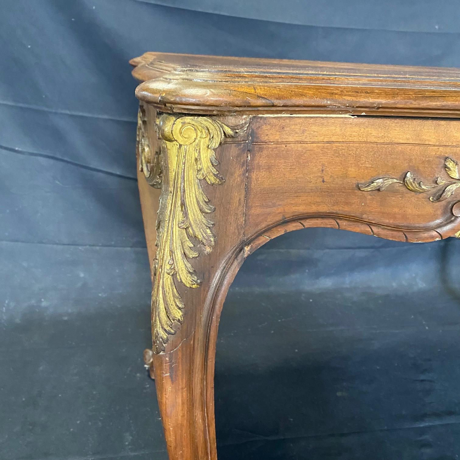  Gorgeous French Louis XV Carved Walnut Side Table or Desk with Gold Gilt For Sale 6