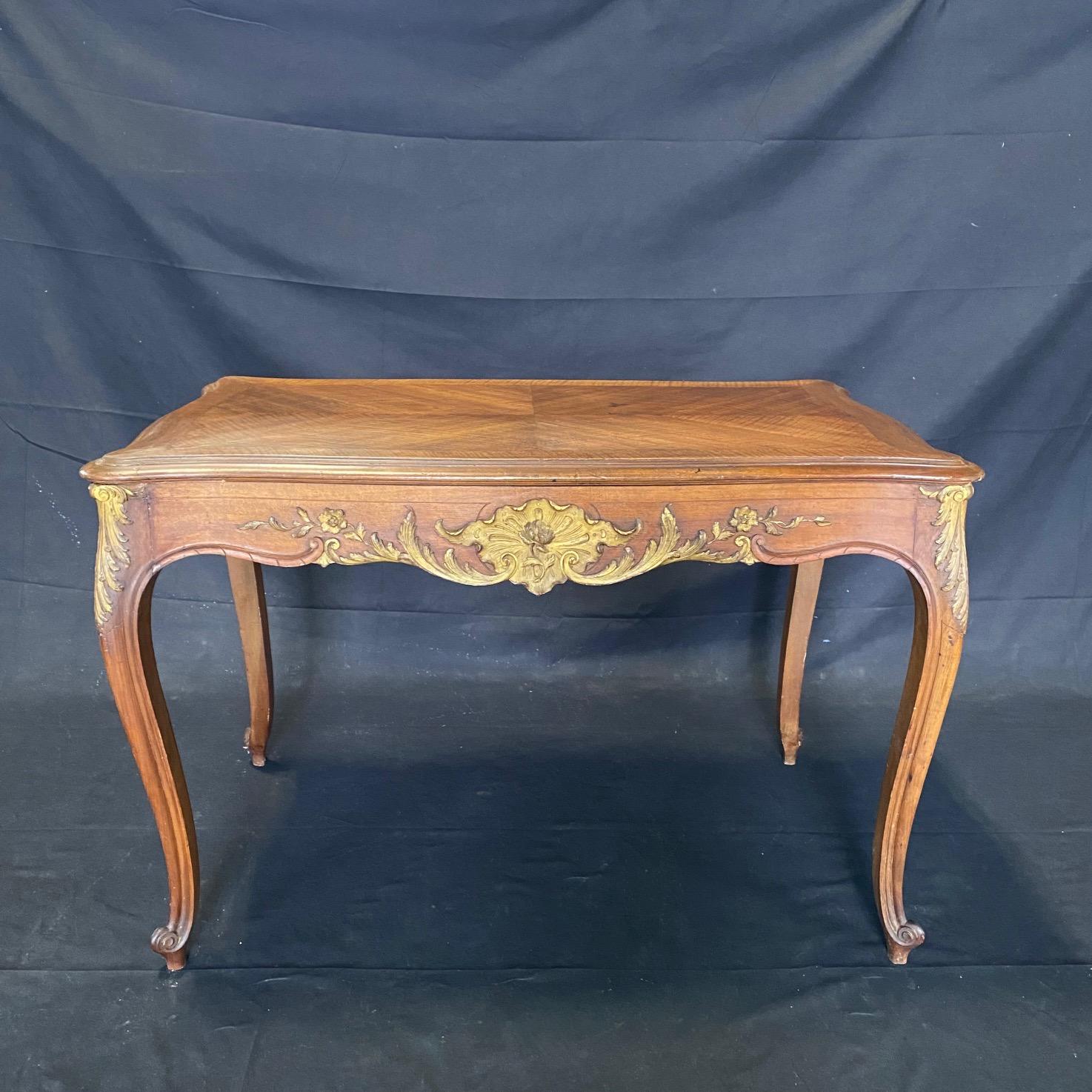  Gorgeous French Louis XV Carved Walnut Side Table or Desk with Gold Gilt For Sale 9