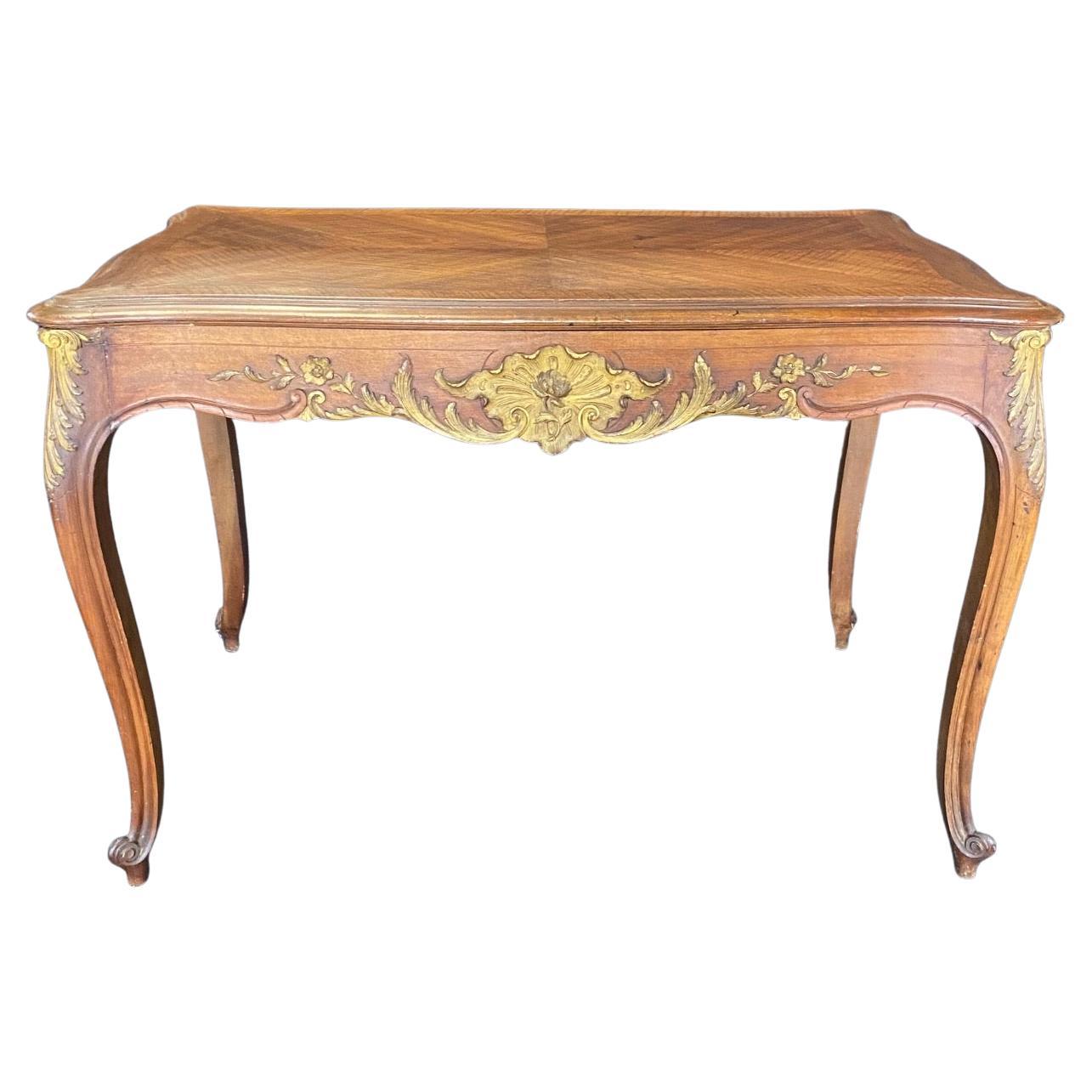  Gorgeous French Louis XV Carved Walnut Side Table or Desk with Gold Gilt