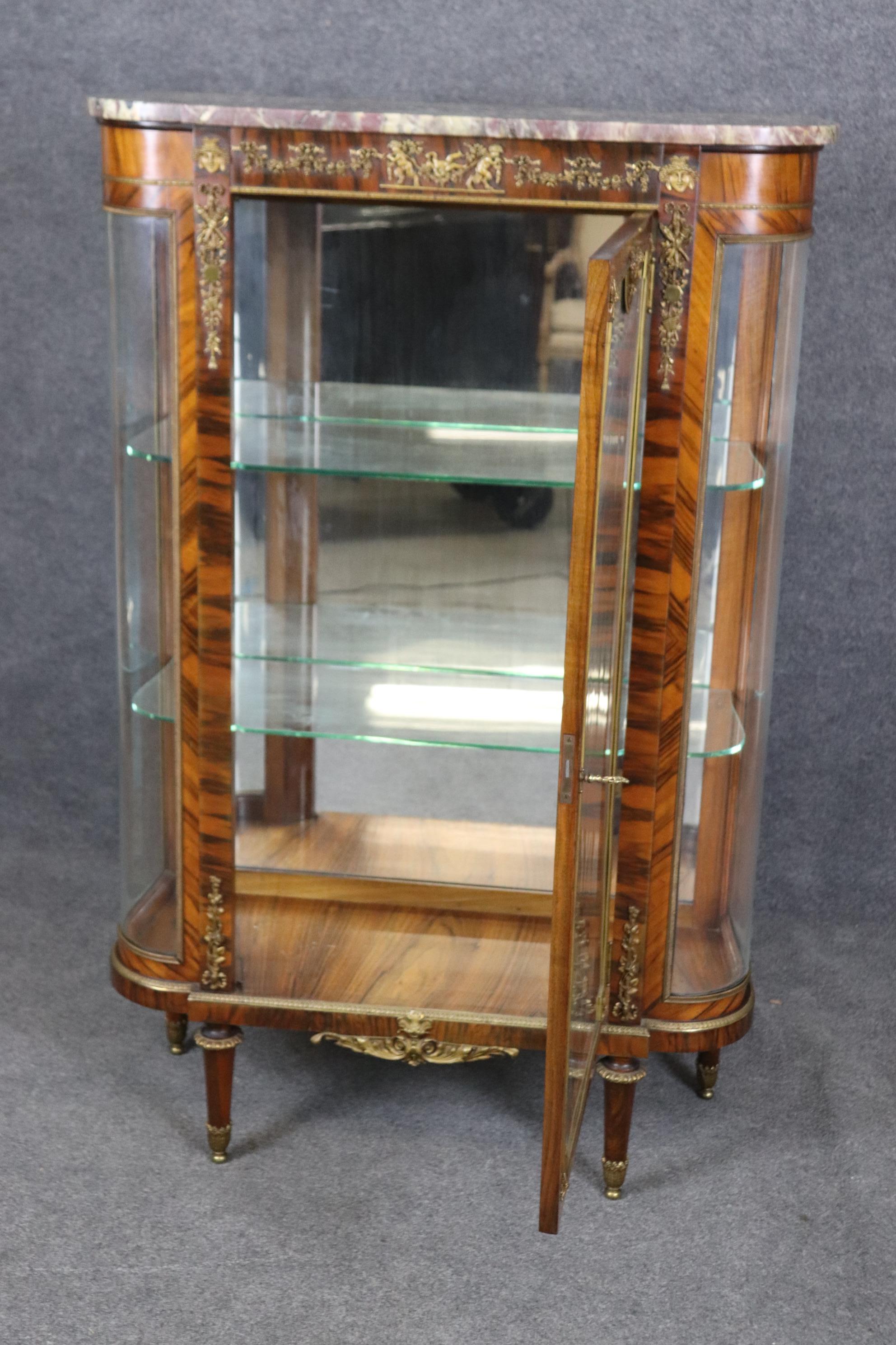 Mid-20th Century Gorgeous French Marble Top Gilt Bronze Satyr and Cherubs Figural Walnut Vitrine  For Sale