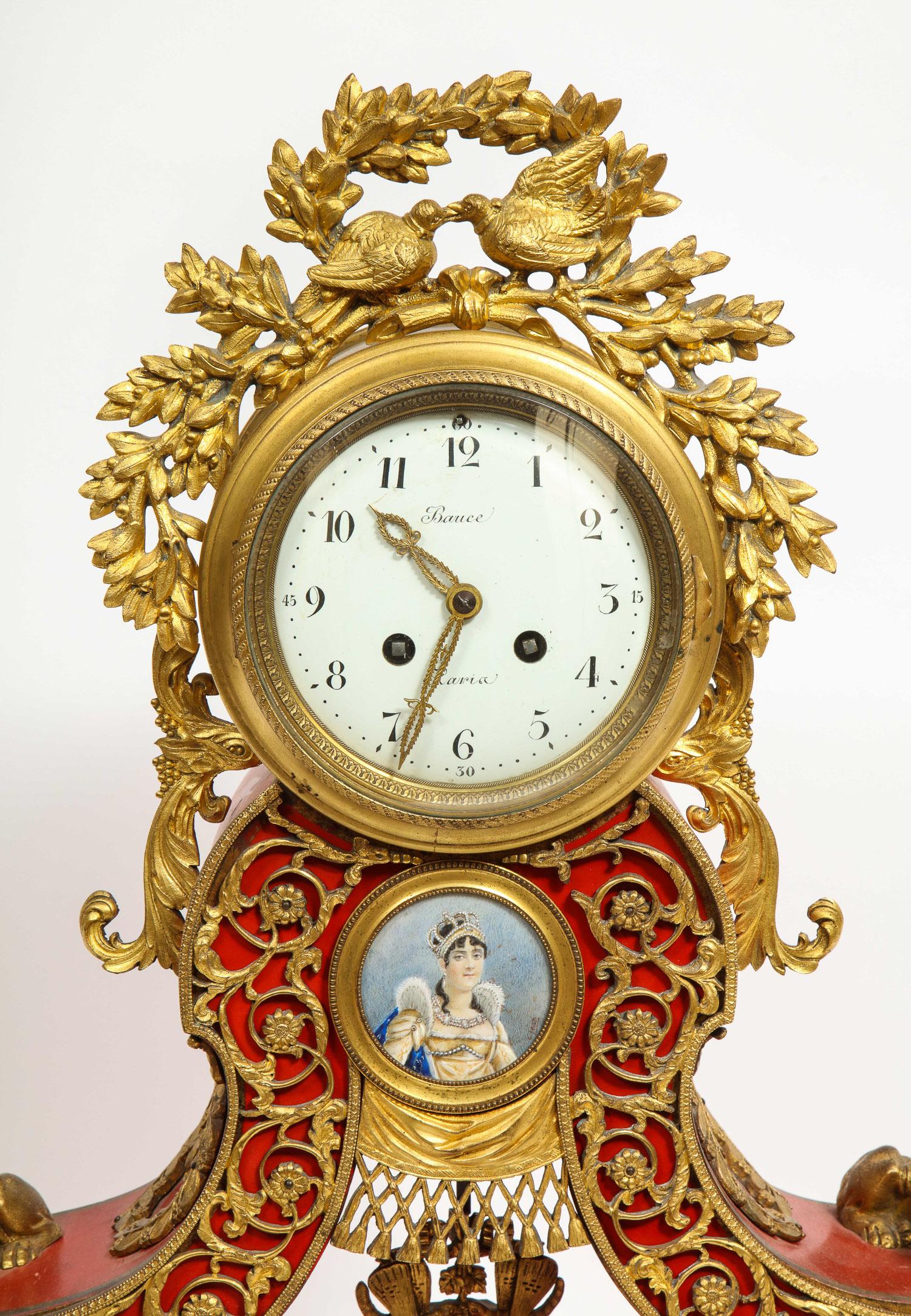 Empire Revival Gorgeous French Ormolu Gilt Bronze-Mounted Red Painted Mantel Clock, 1870