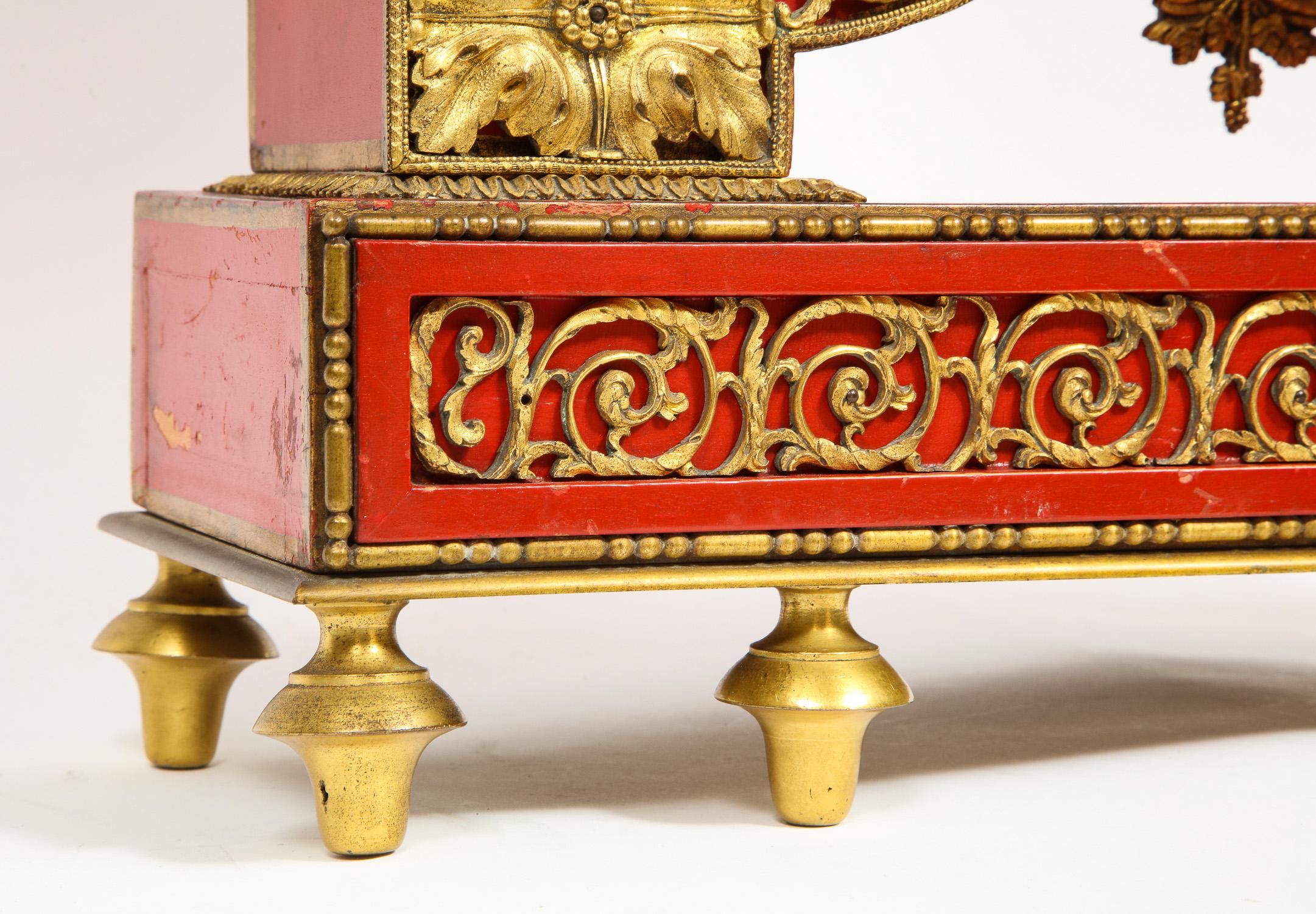 19th Century Gorgeous French Ormolu Gilt Bronze-Mounted Red Painted Mantel Clock, 1870