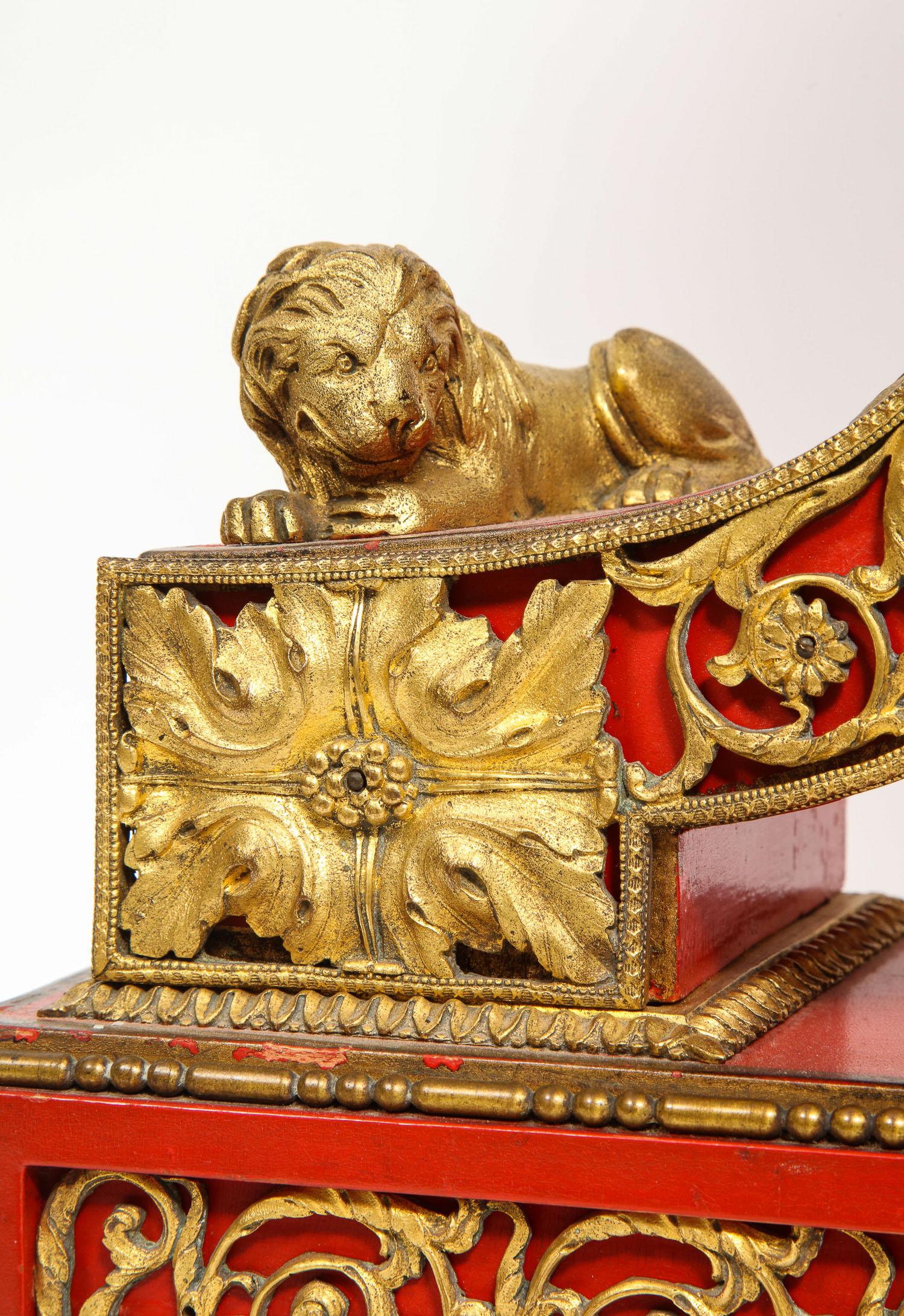 Gorgeous French Ormolu Gilt Bronze-Mounted Red Painted Mantel Clock, 1870 1