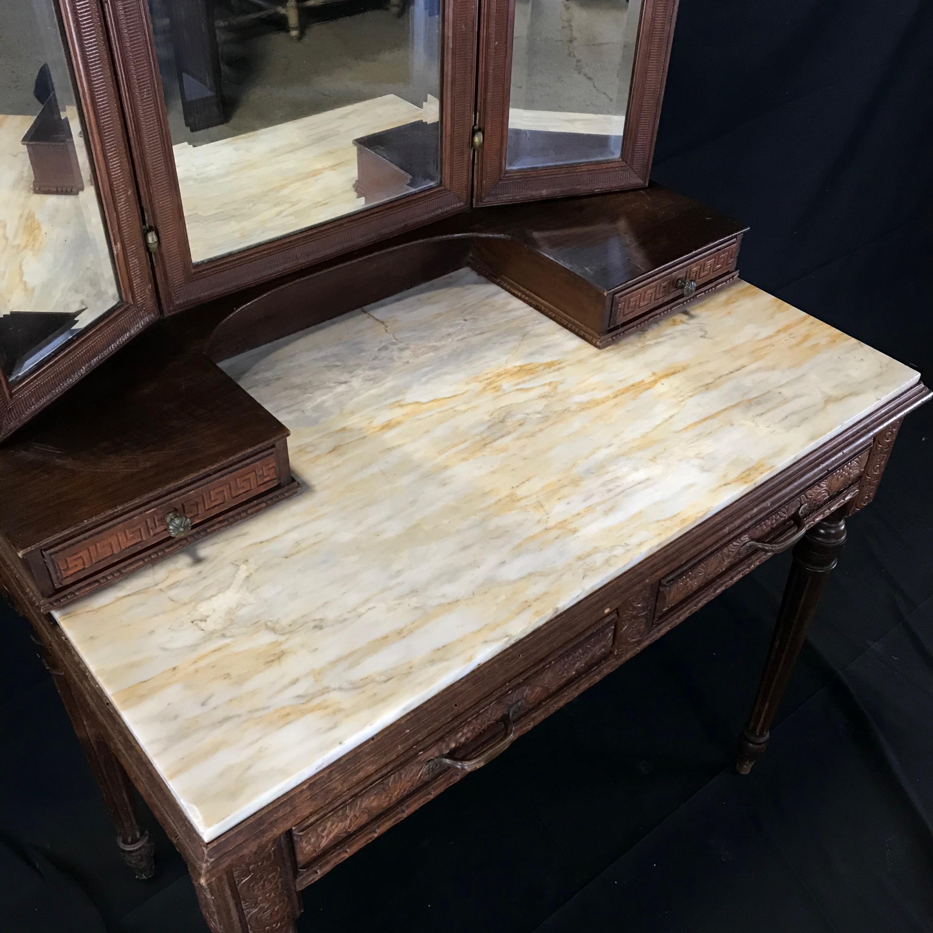Gorgeous French Walnut Carved Dressing Table with Carrera Marble Top 3