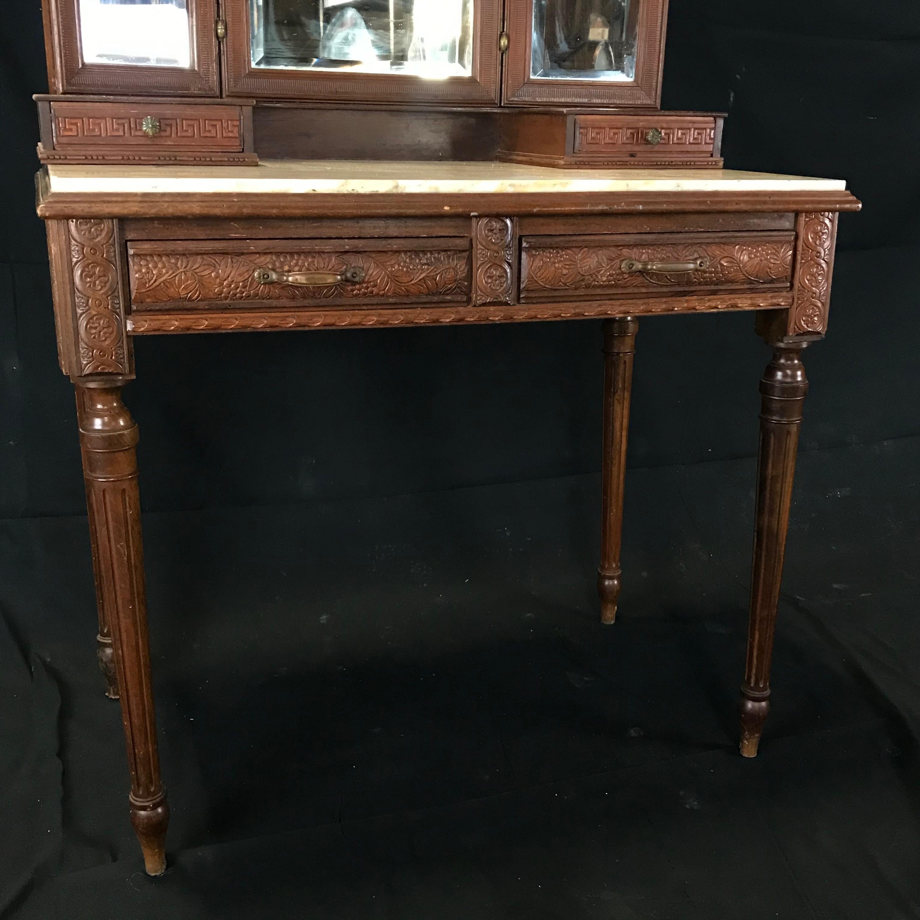 Gorgeous French Walnut Carved Dressing Table with Carrera Marble Top 5