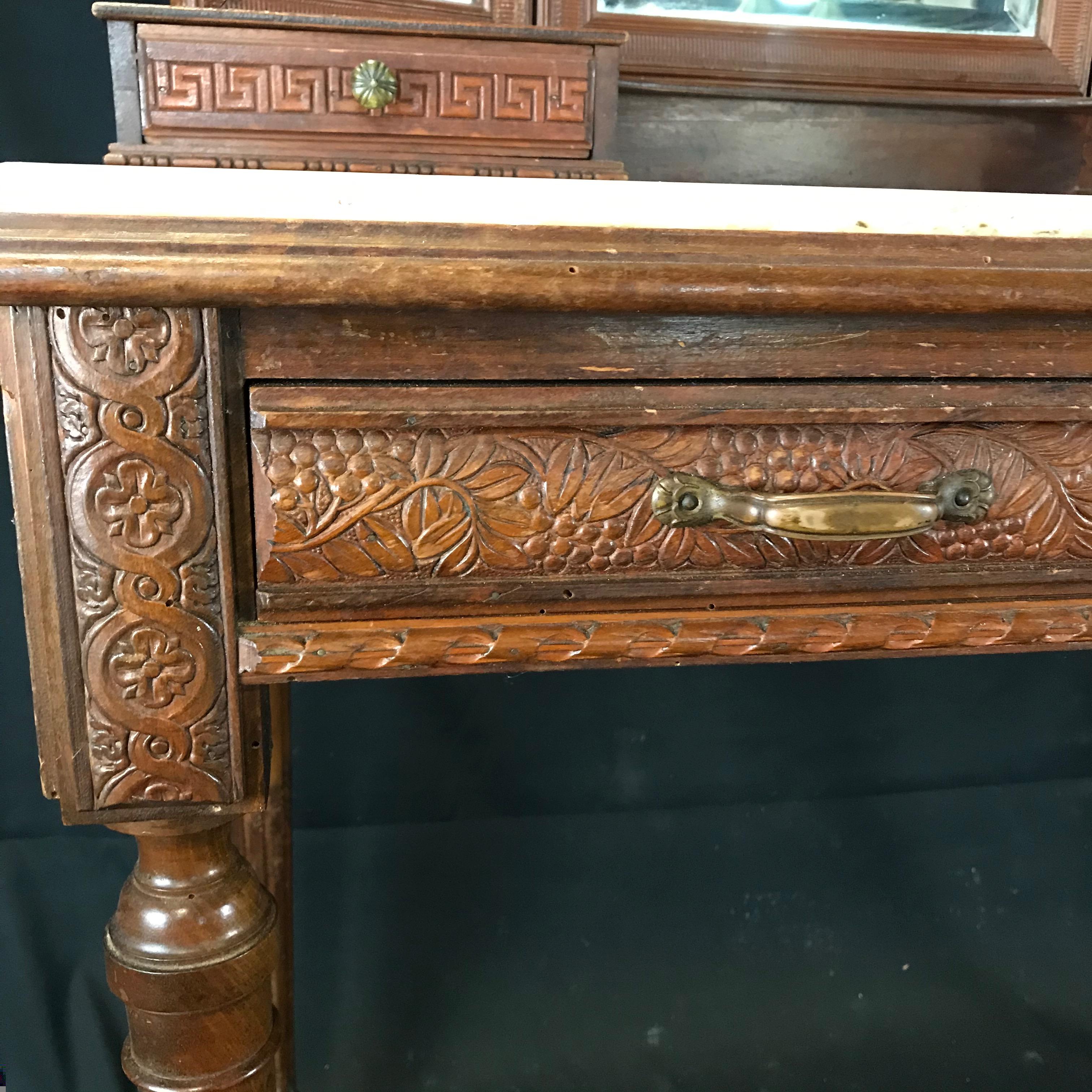 Louis XVI Gorgeous French Walnut Carved Dressing Table with Carrera Marble Top