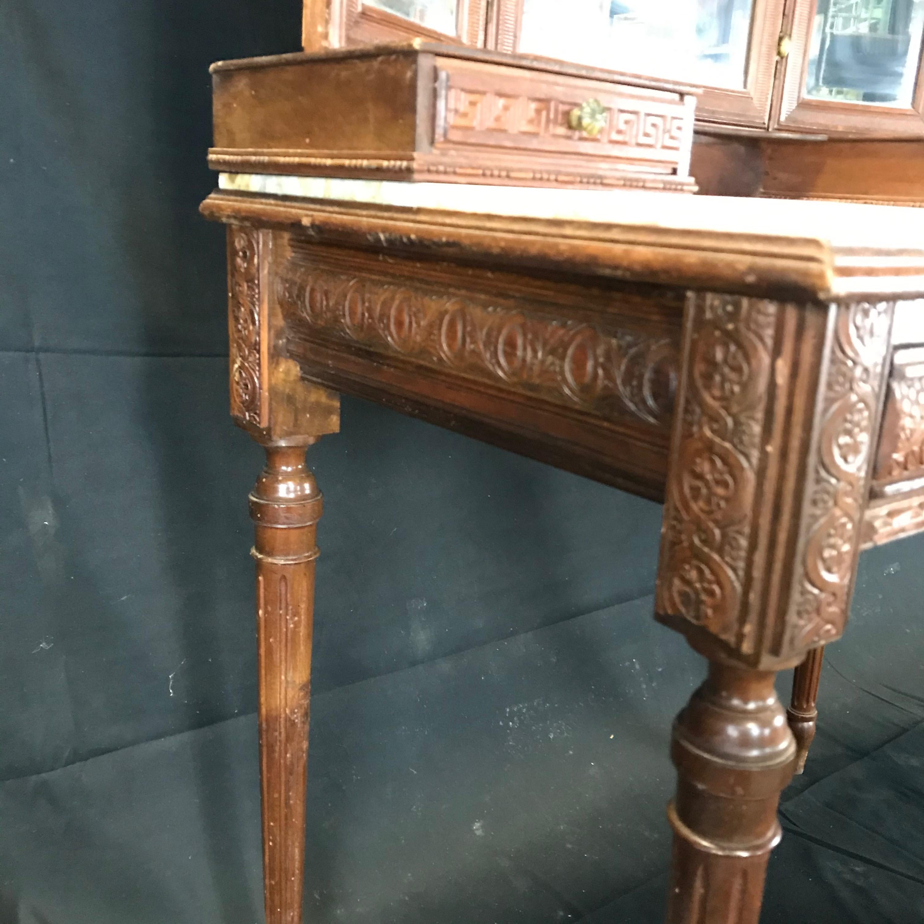 Gorgeous French Walnut Carved Dressing Table with Carrera Marble Top In Excellent Condition In Hopewell, NJ