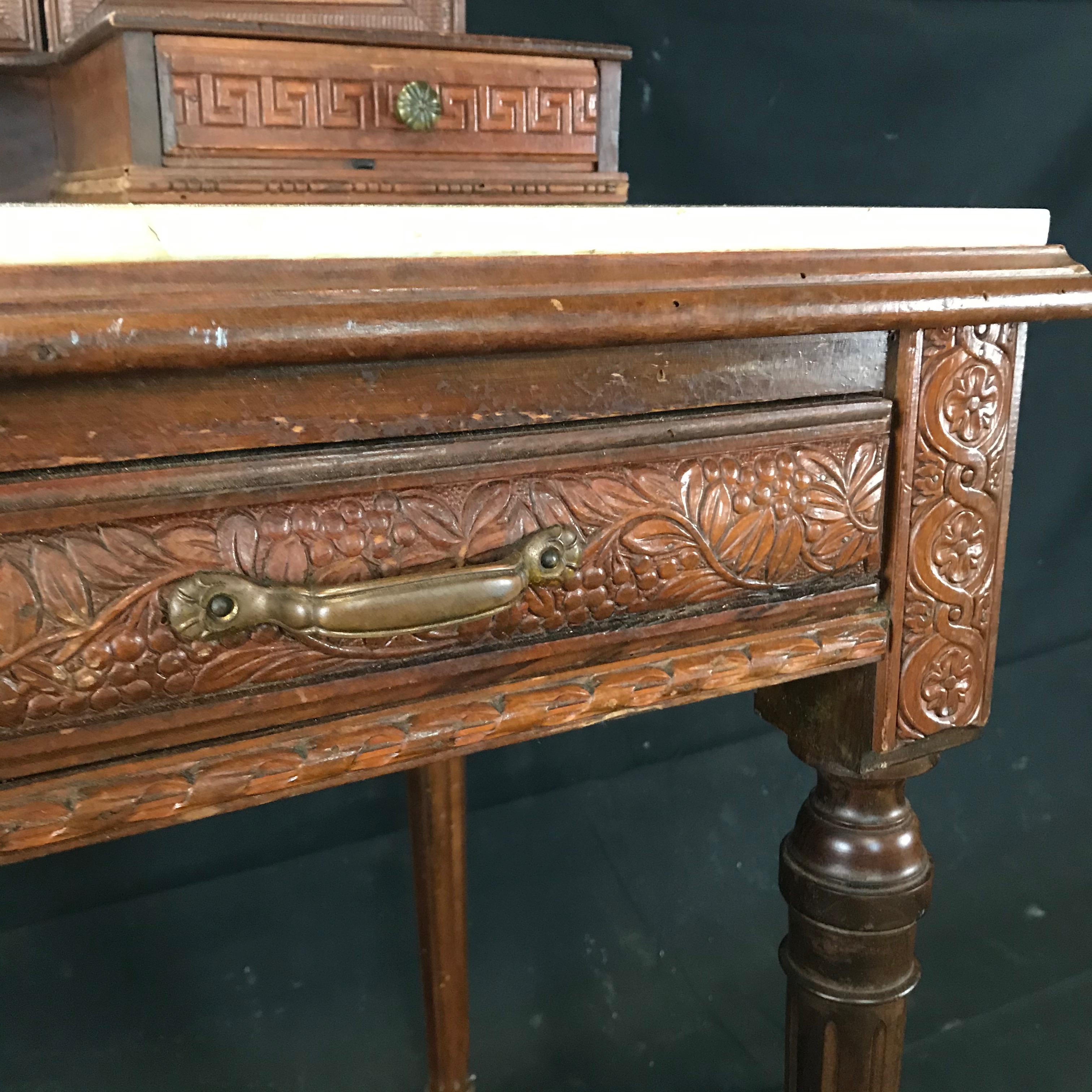 Mirror Gorgeous French Walnut Carved Dressing Table with Carrera Marble Top