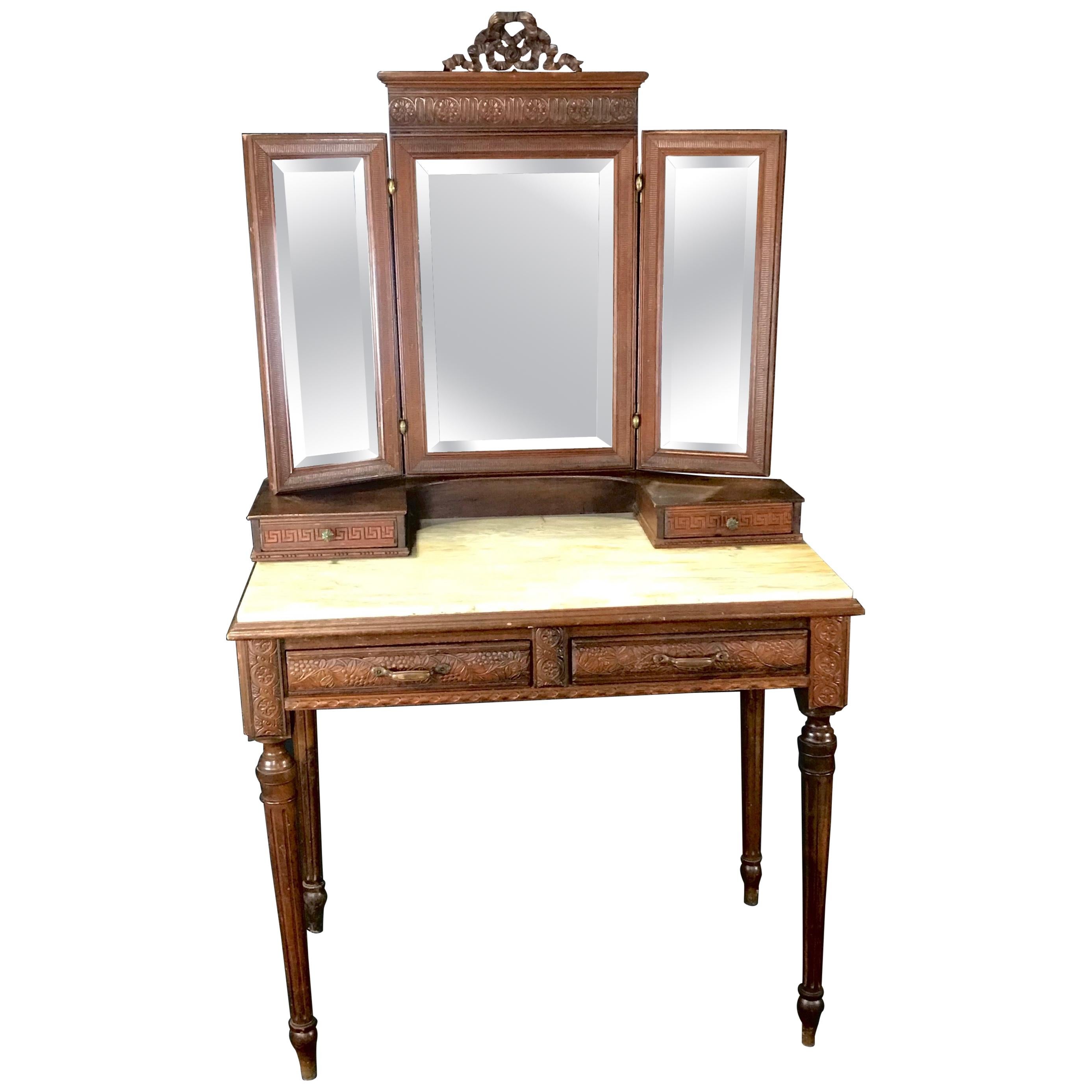 Gorgeous French Walnut Carved Dressing Table with Carrera Marble Top