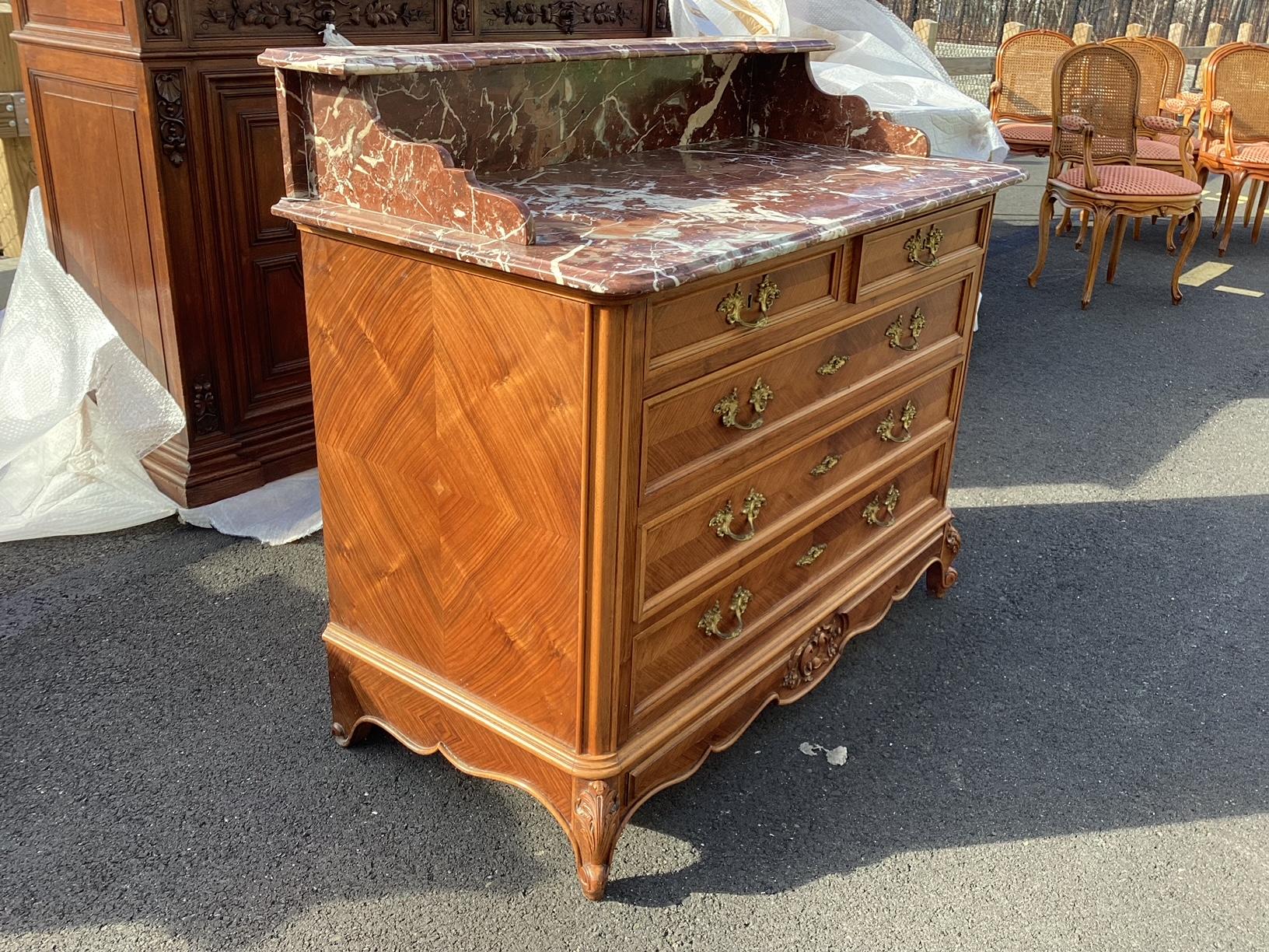 French Provincial Gorgeous French Walnut Chest of Drawers with Marble Top