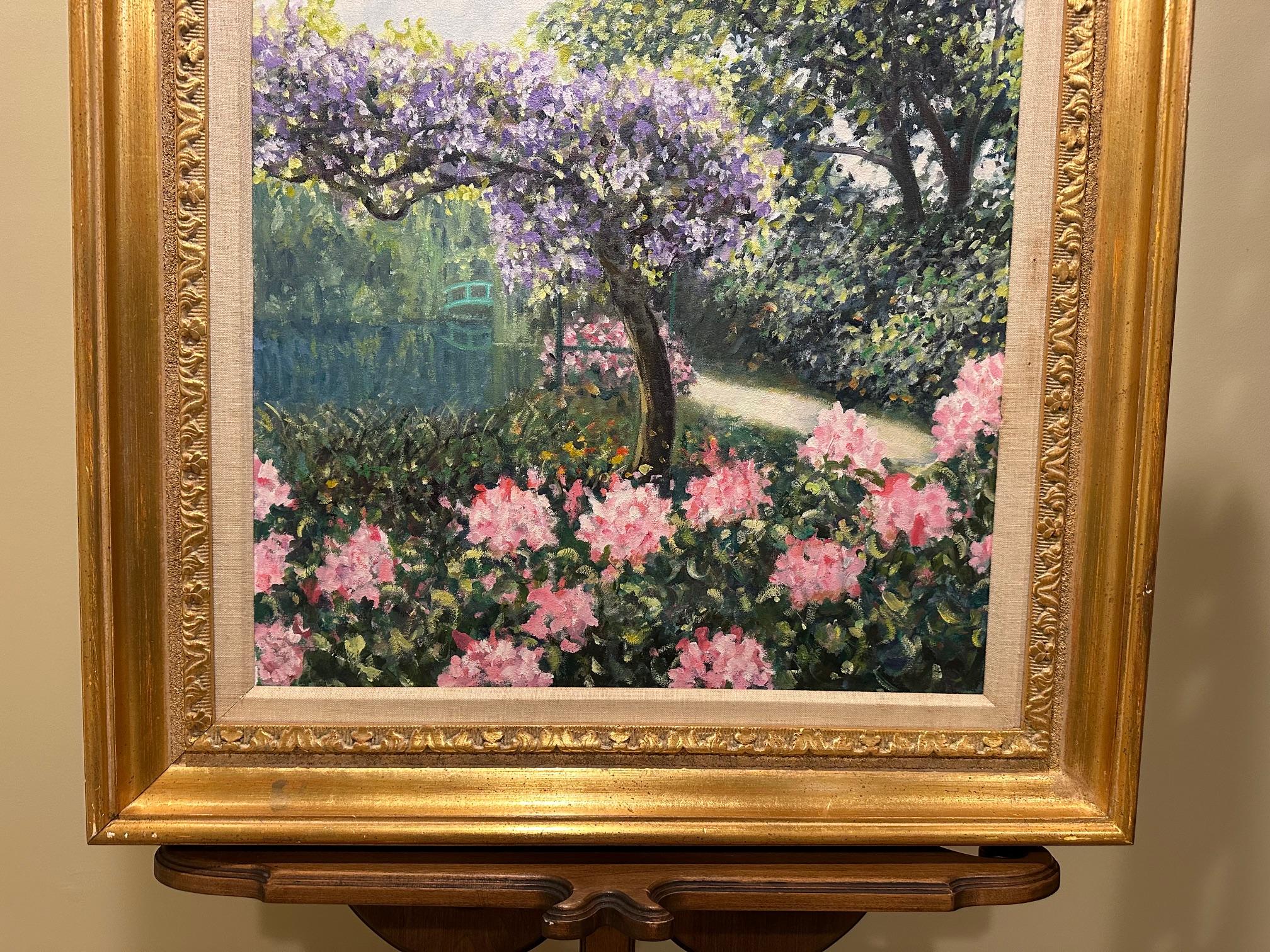 Wunderschöne Gartenszene mit Brücke von Francois Beaupre (Ende des 20. Jahrhunderts) im Angebot