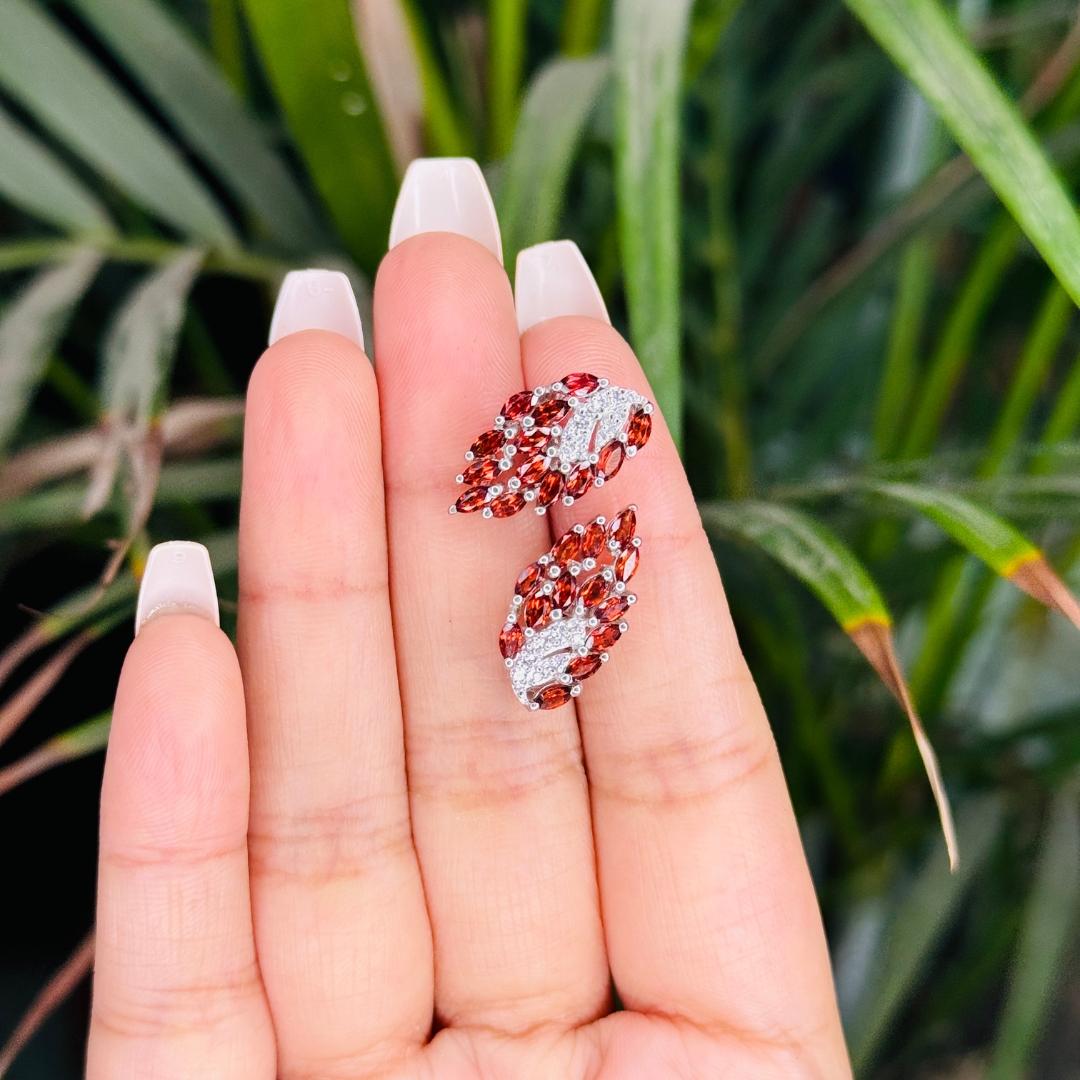 Marquise Cut Sterling Silver Leaf-Inspired Garnet and CZ Evening Earrings for Anniversary Gif For Sale