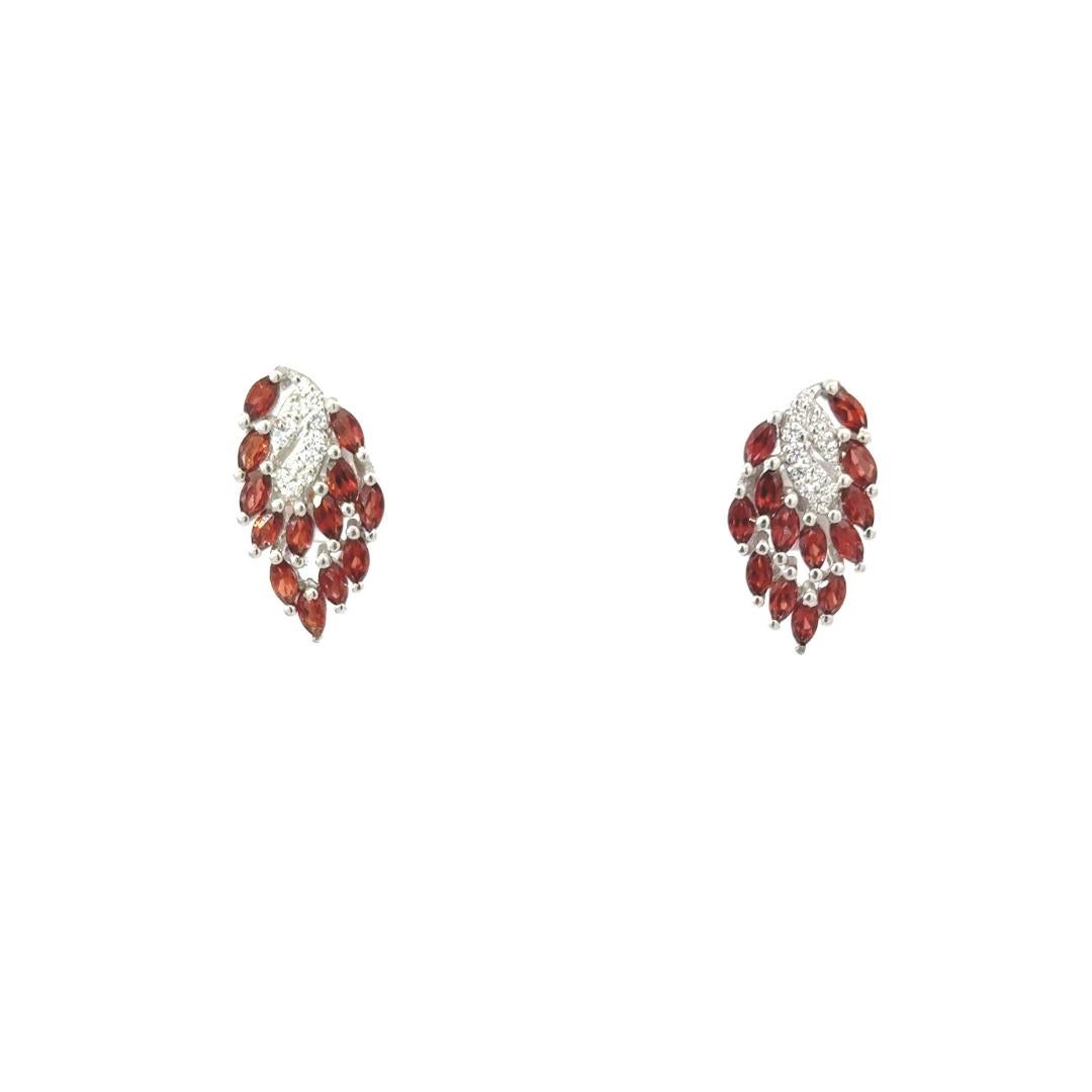 Sterling Silver Leaf-Inspired Garnet and CZ Evening Earrings for Anniversary Gif For Sale 2