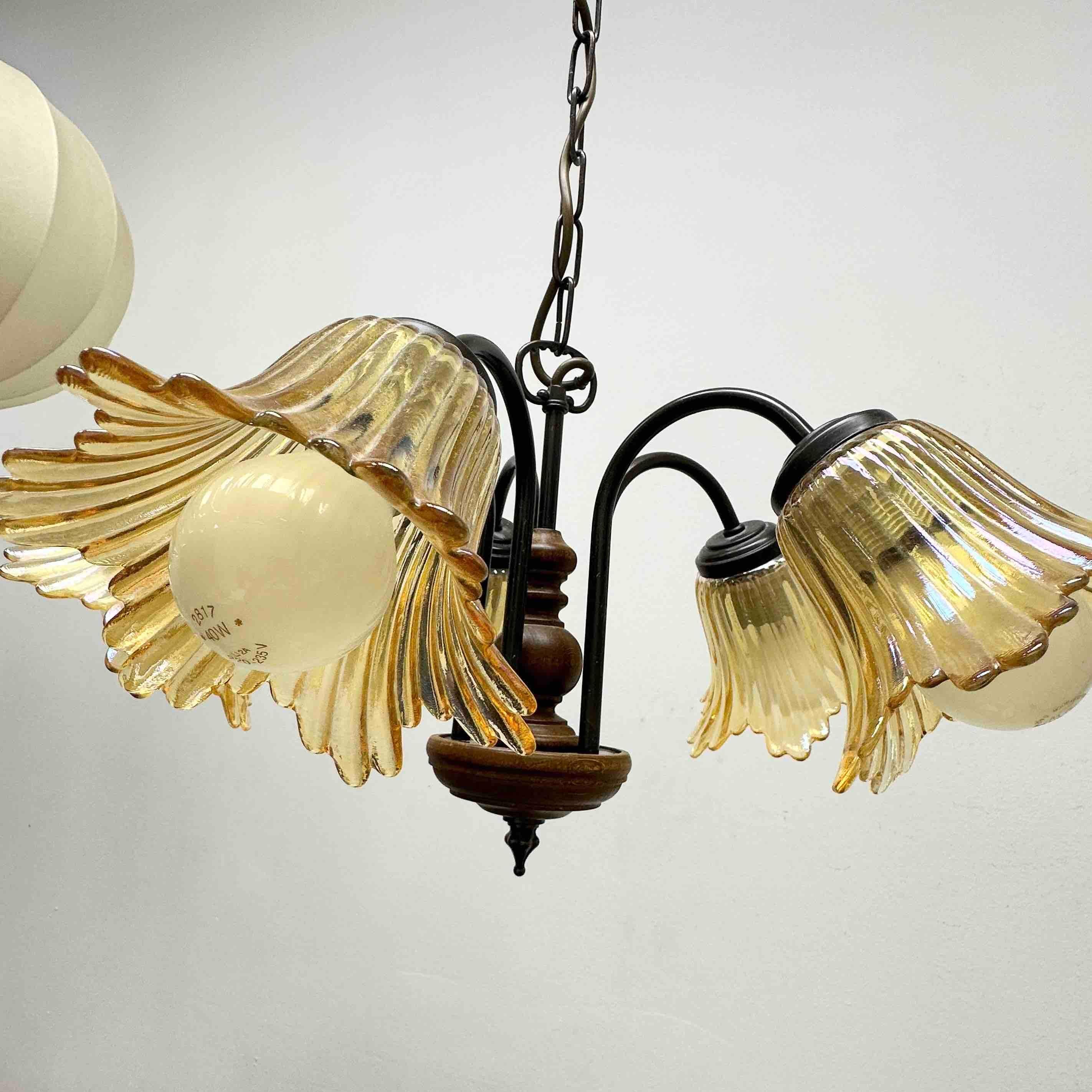 Gorgeous German Tole Wood Metal Glas Shade Five Light Chandelier, 1970s For Sale 5