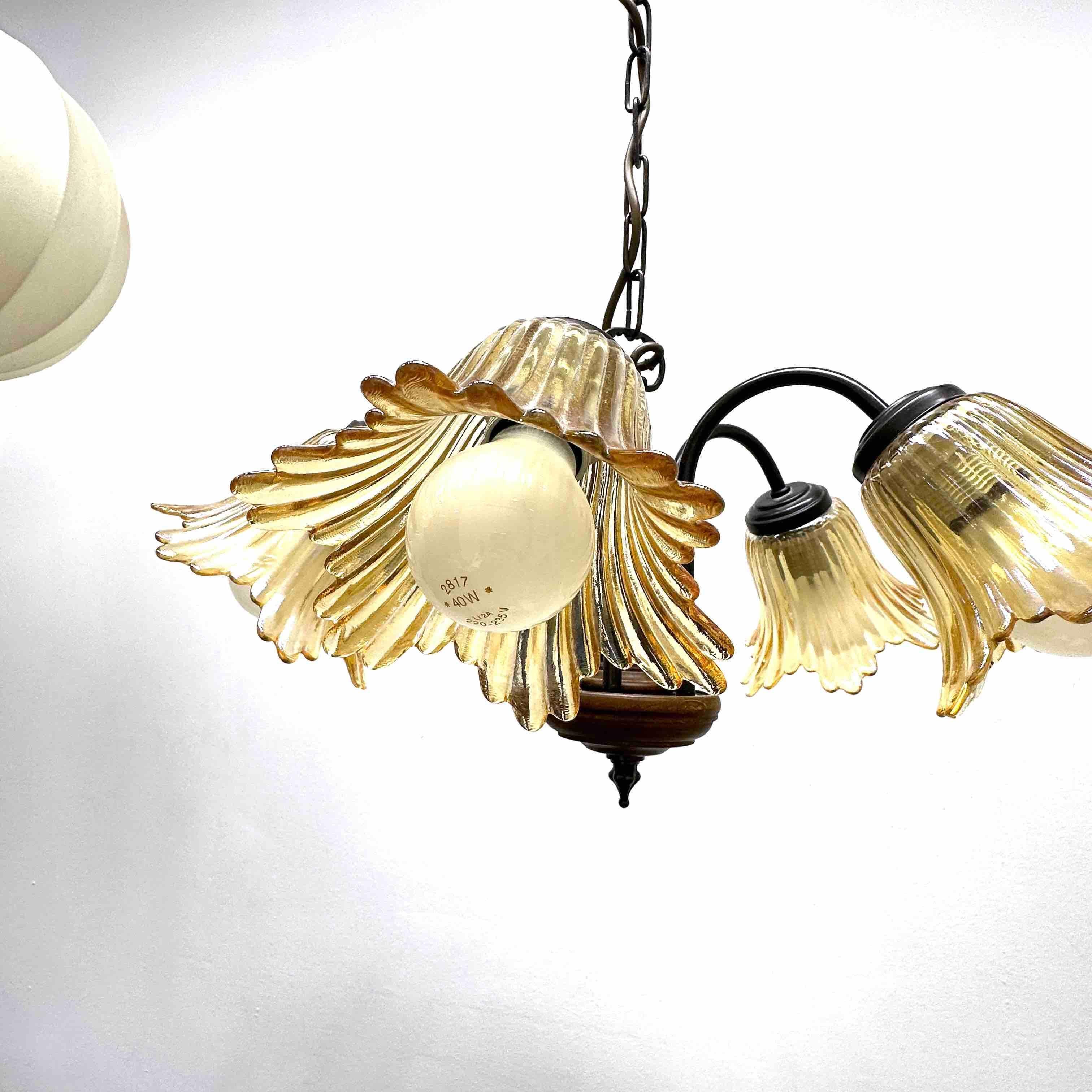 Gorgeous German Tole Wood Metal Glas Shade Five Light Chandelier, 1970s For Sale 6