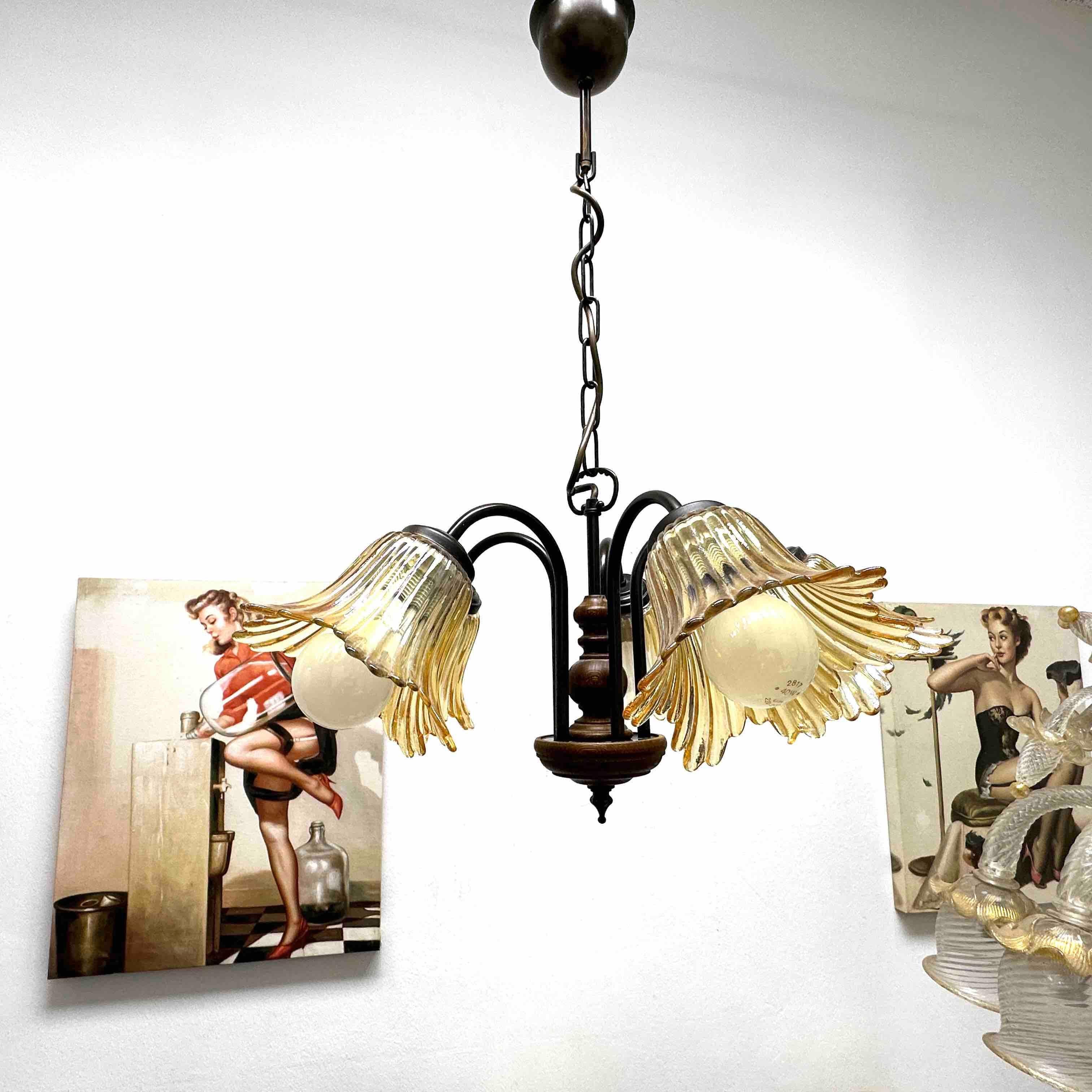 Gorgeous German Tole Wood Metal Glas Shade Five Light Chandelier, 1970s For Sale 7