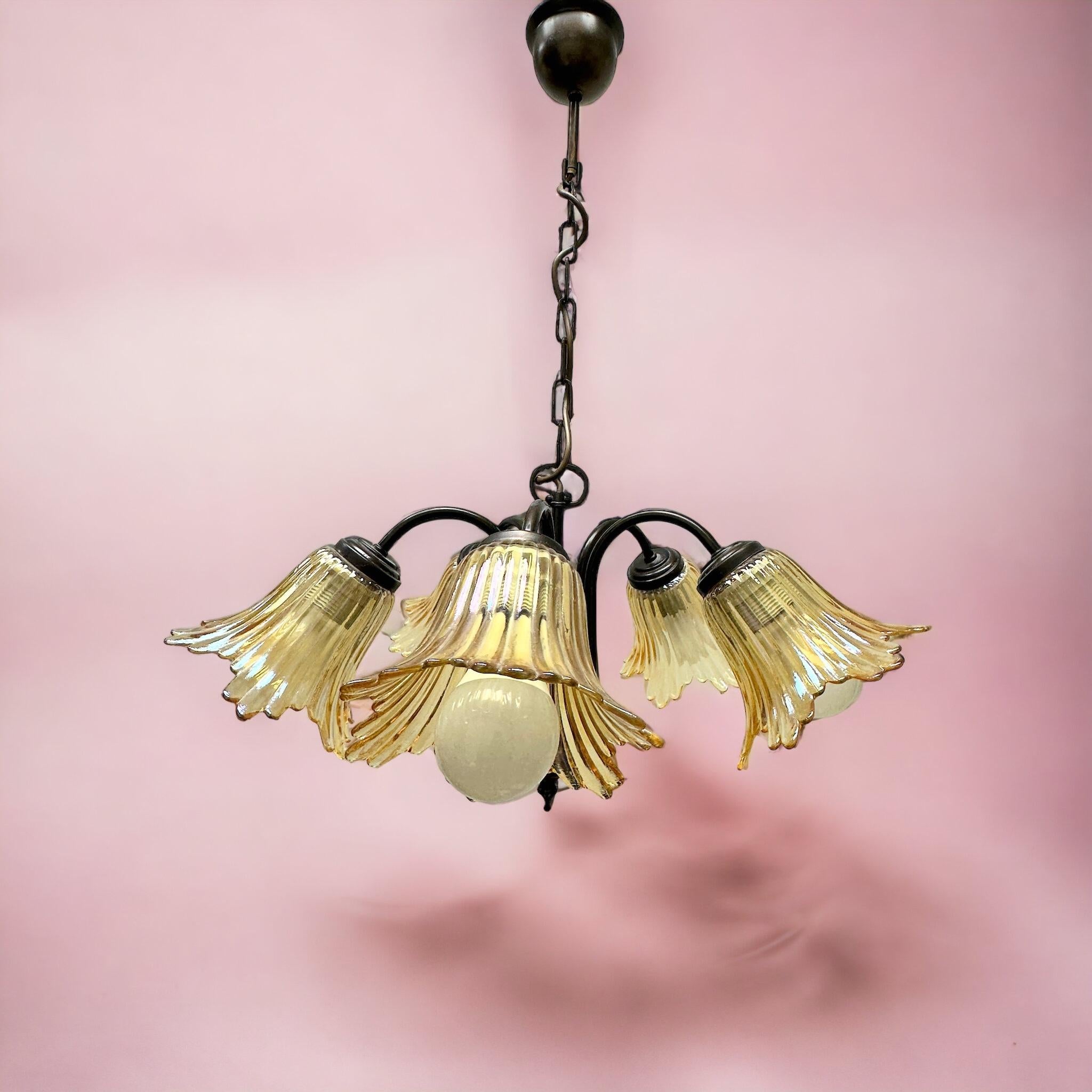 Petite Florentine style five-light chandelier. Functions as is with five E27 / 110 Volt light bulbs. Can take up to 60 Watts each bulb. Beautiful metal chandelier with flower glass shades. It gives a very warm light and represents the Italian