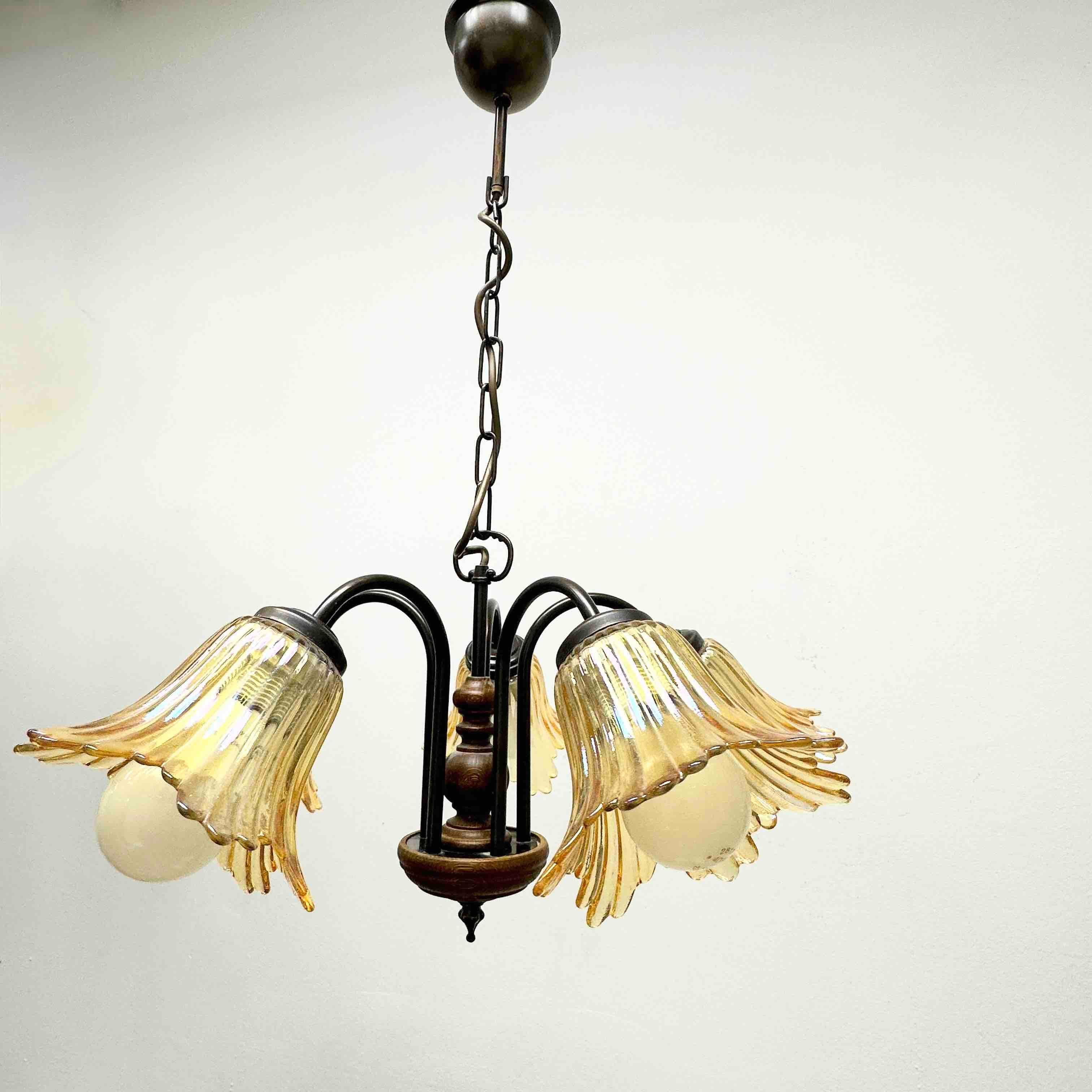 Late 20th Century Gorgeous German Tole Wood Metal Glas Shade Five Light Chandelier, 1970s For Sale