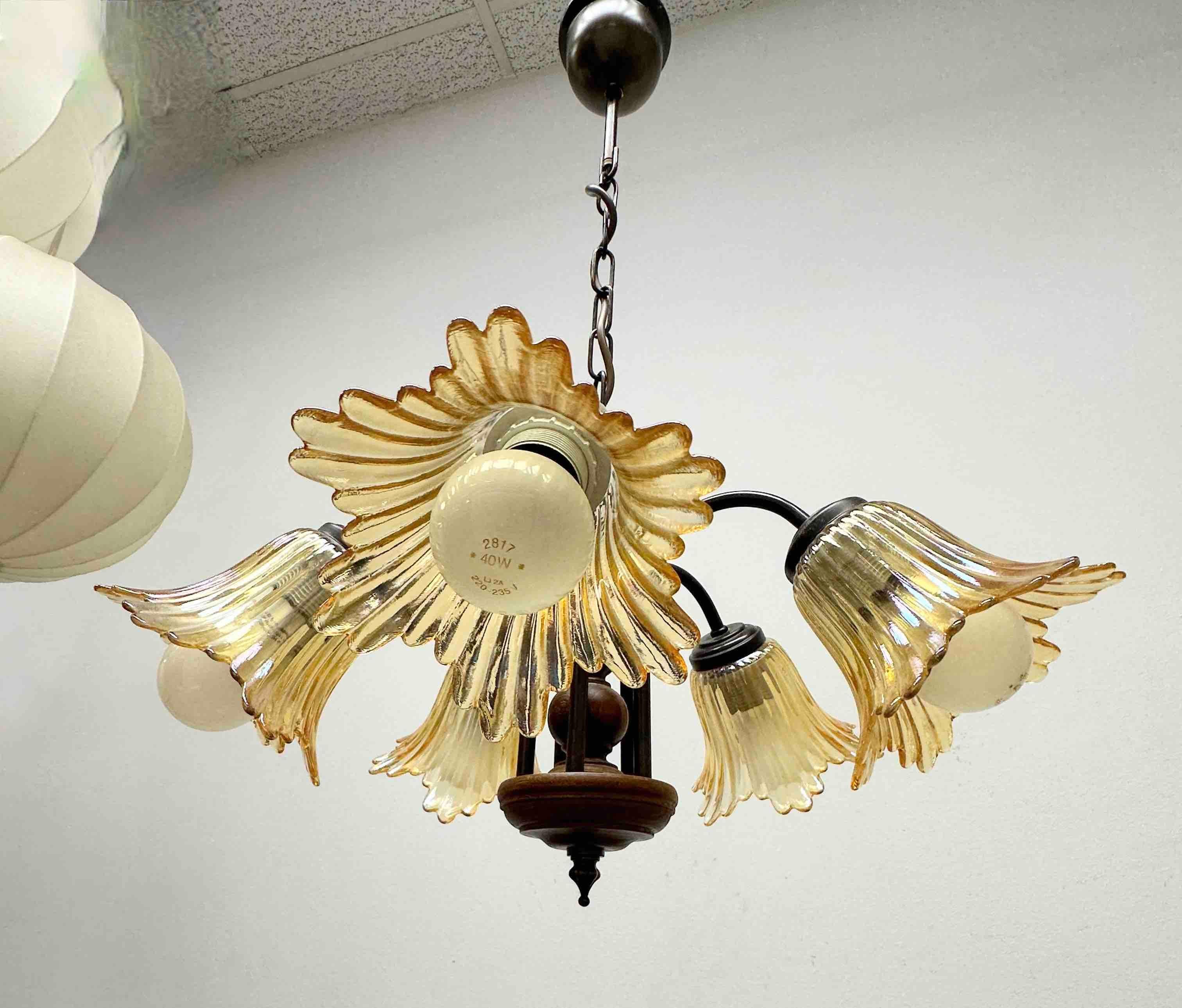 Gorgeous German Tole Wood Metal Glas Shade Five Light Chandelier, 1970s For Sale 1