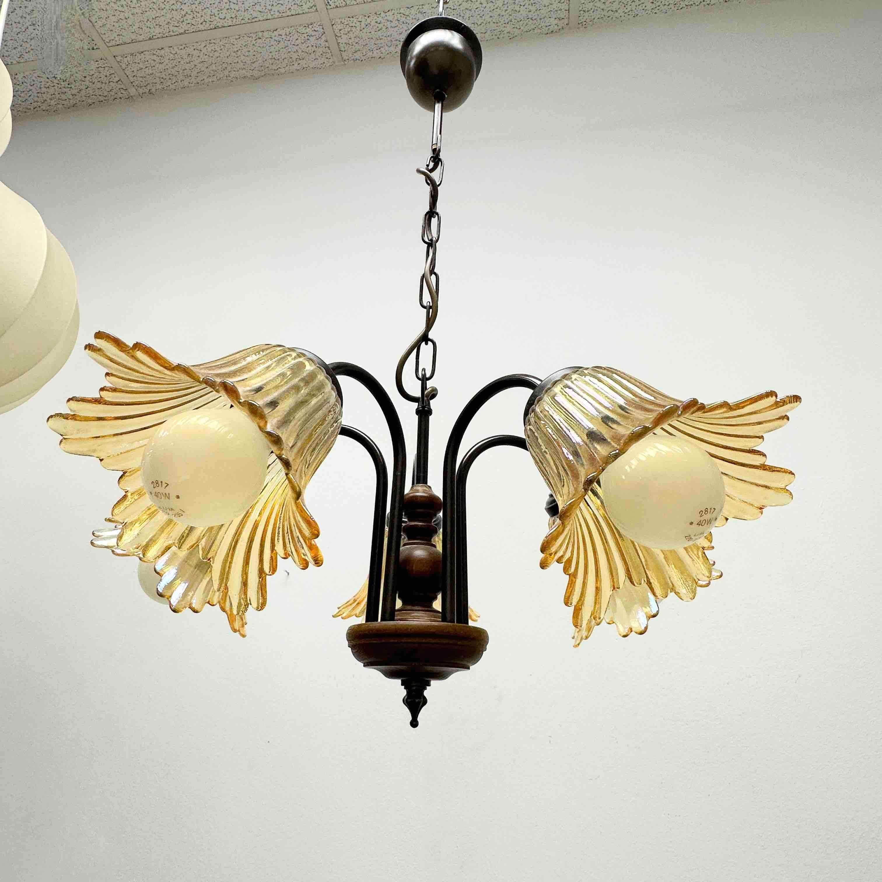 Gorgeous German Tole Wood Metal Glas Shade Five Light Chandelier, 1970s For Sale 2