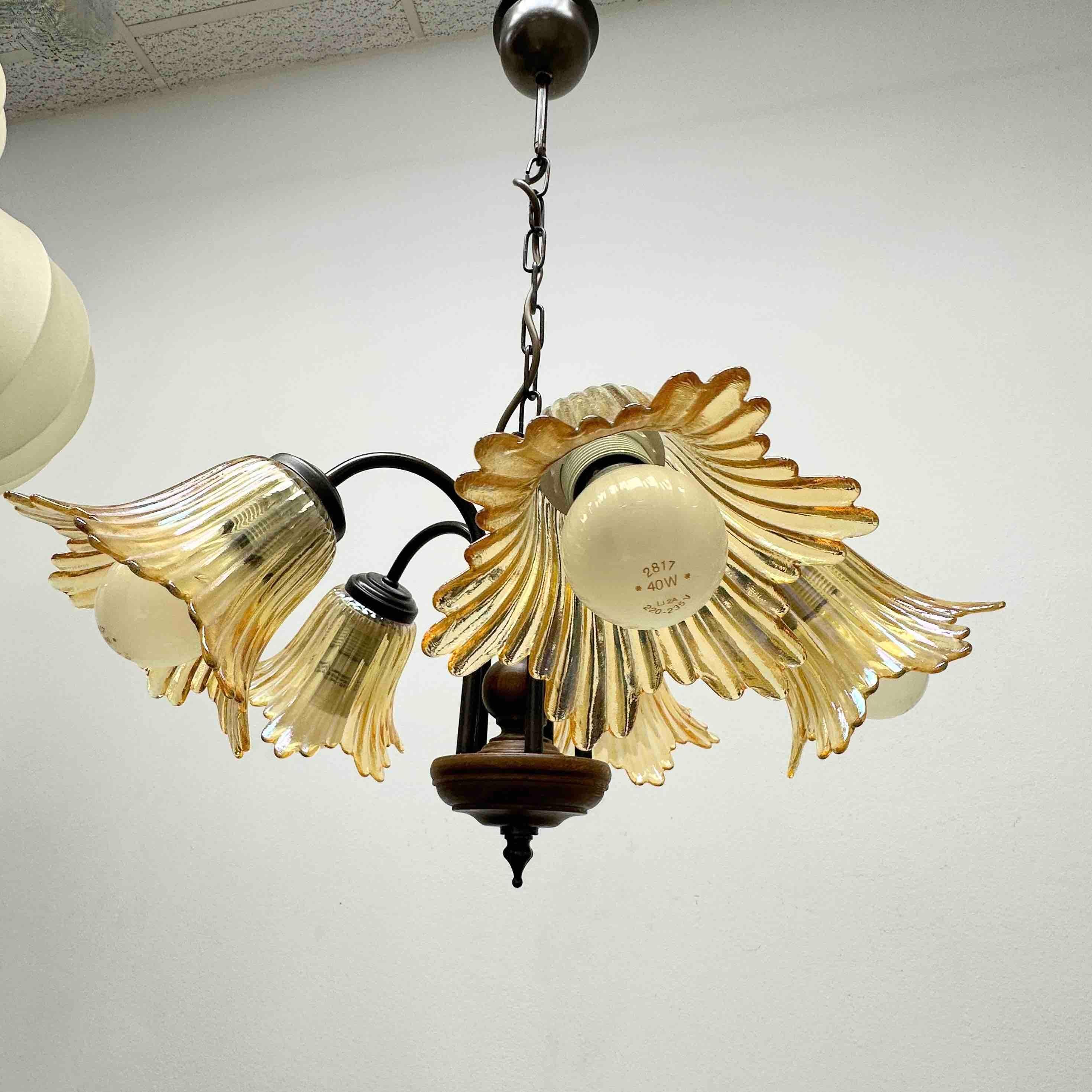 Gorgeous German Tole Wood Metal Glas Shade Five Light Chandelier, 1970s For Sale 3