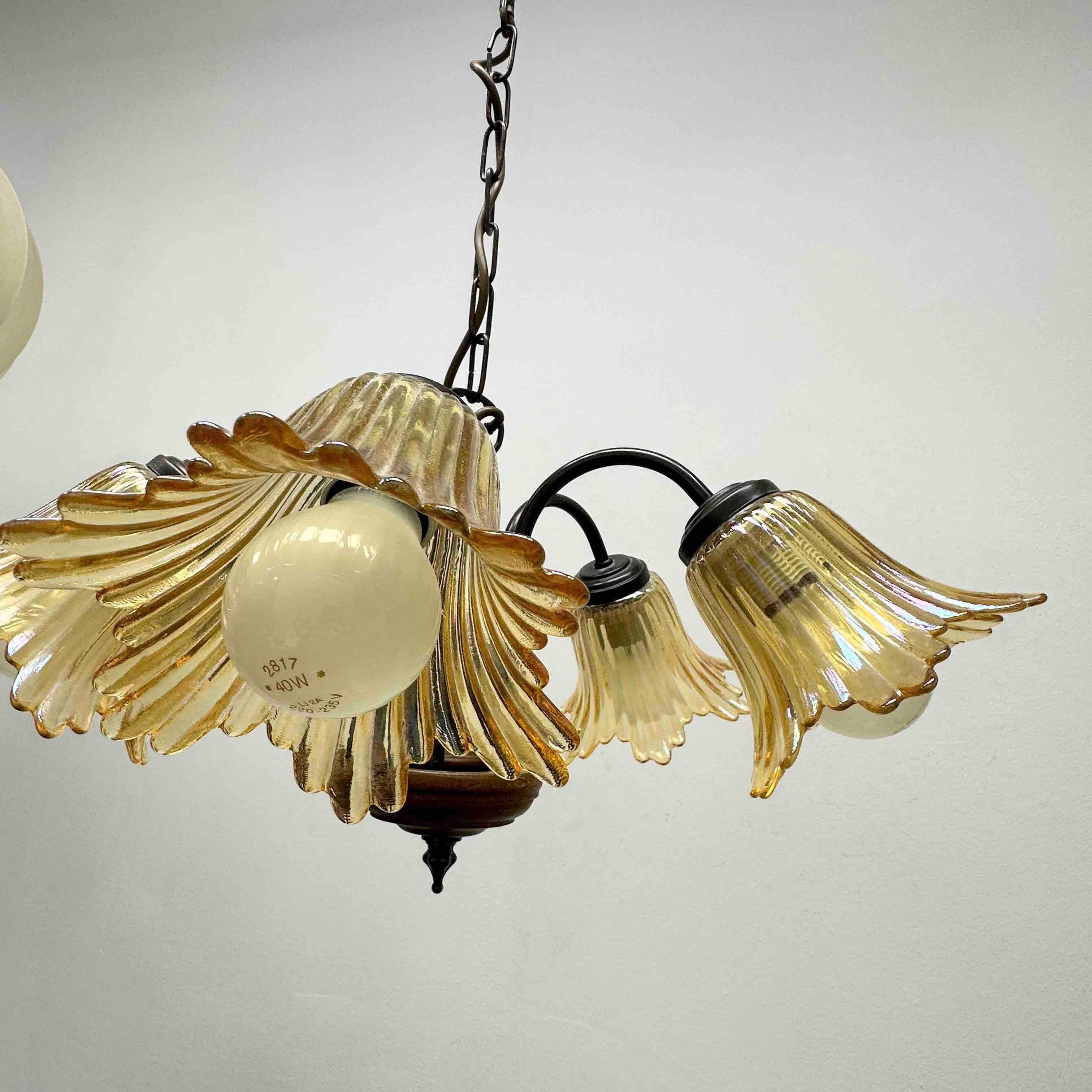 Gorgeous German Tole Wood Metal Glas Shade Five Light Chandelier, 1970s For Sale 4