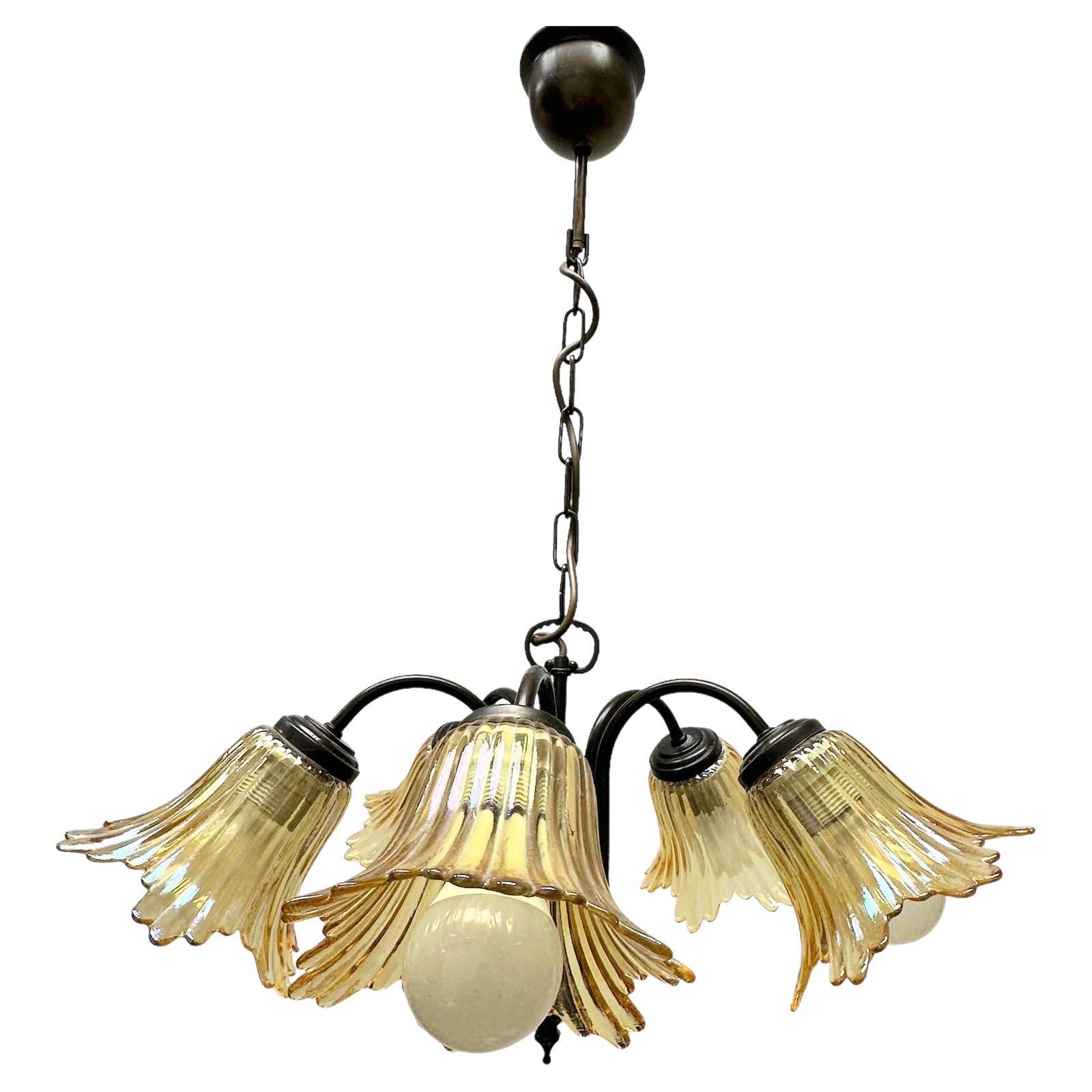 Gorgeous German Tole Wood Metal Glas Shade Five Light Chandelier, 1970s For Sale