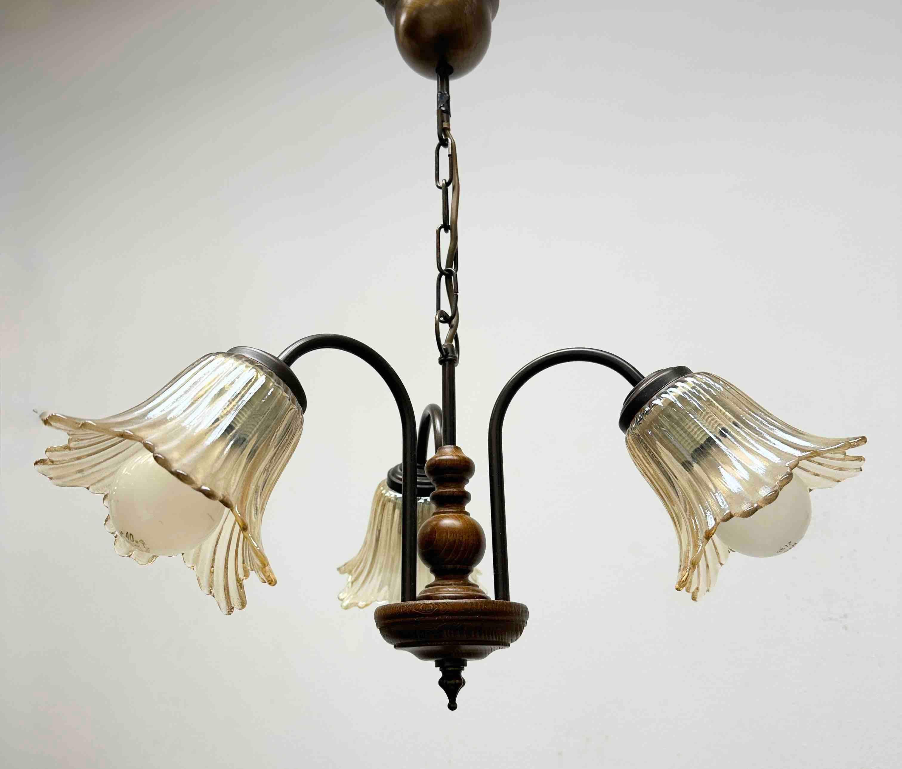 Gorgeous German Tole Wood Metal Glas Shade Three Light Chandelier, 1970s For Sale 5