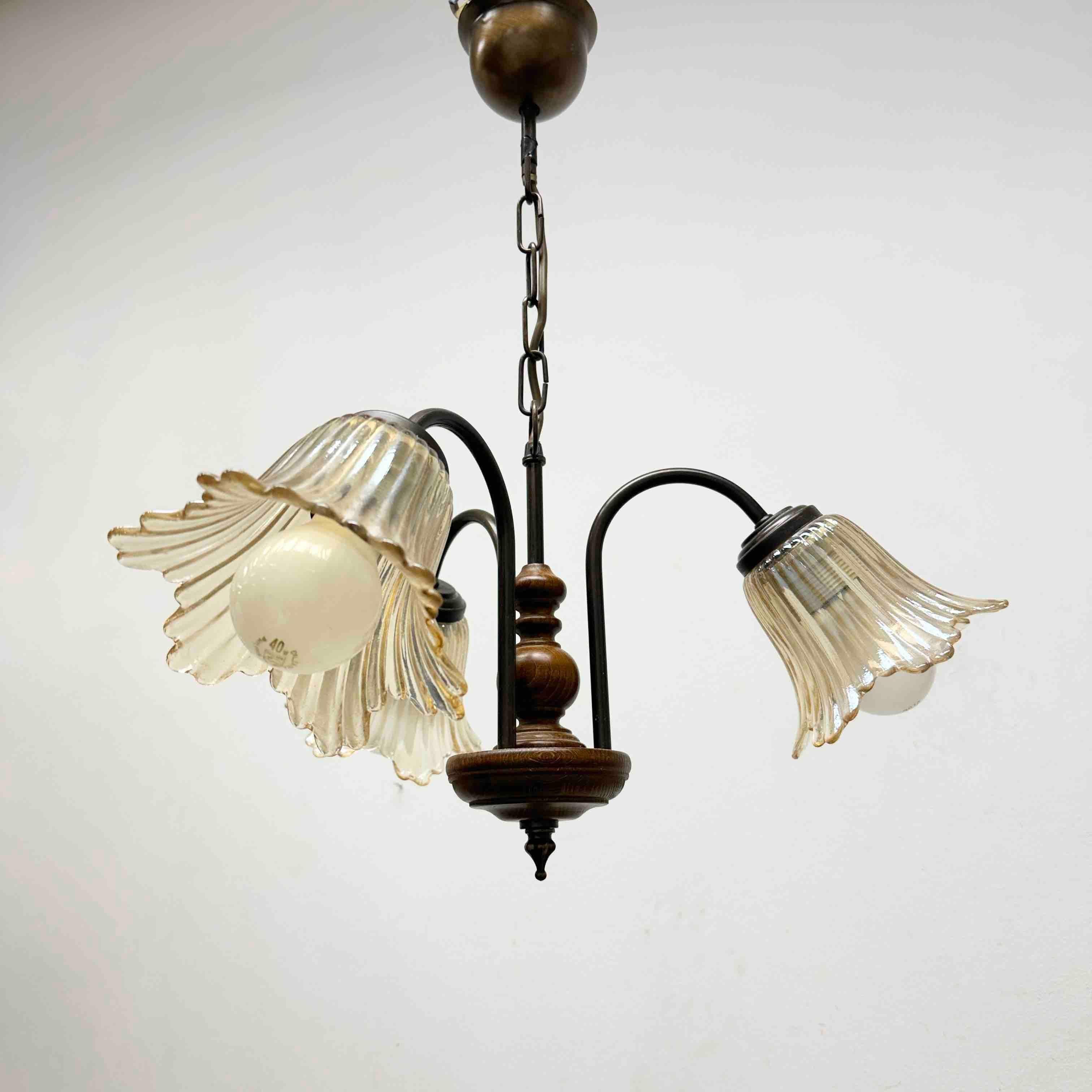 Gorgeous German Tole Wood Metal Glas Shade Three Light Chandelier, 1970s For Sale 6