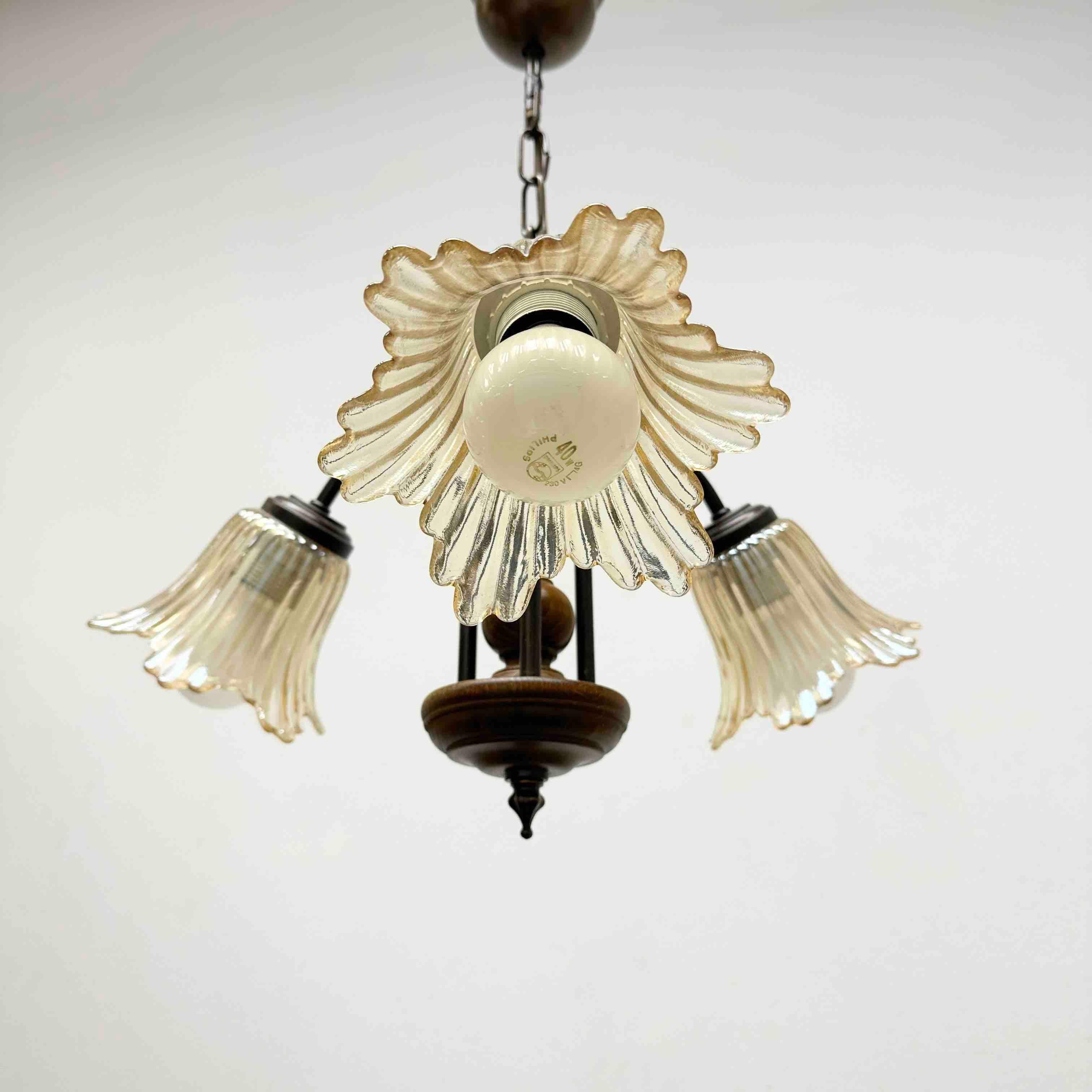 Gorgeous German Tole Wood Metal Glas Shade Three Light Chandelier, 1970s For Sale 7