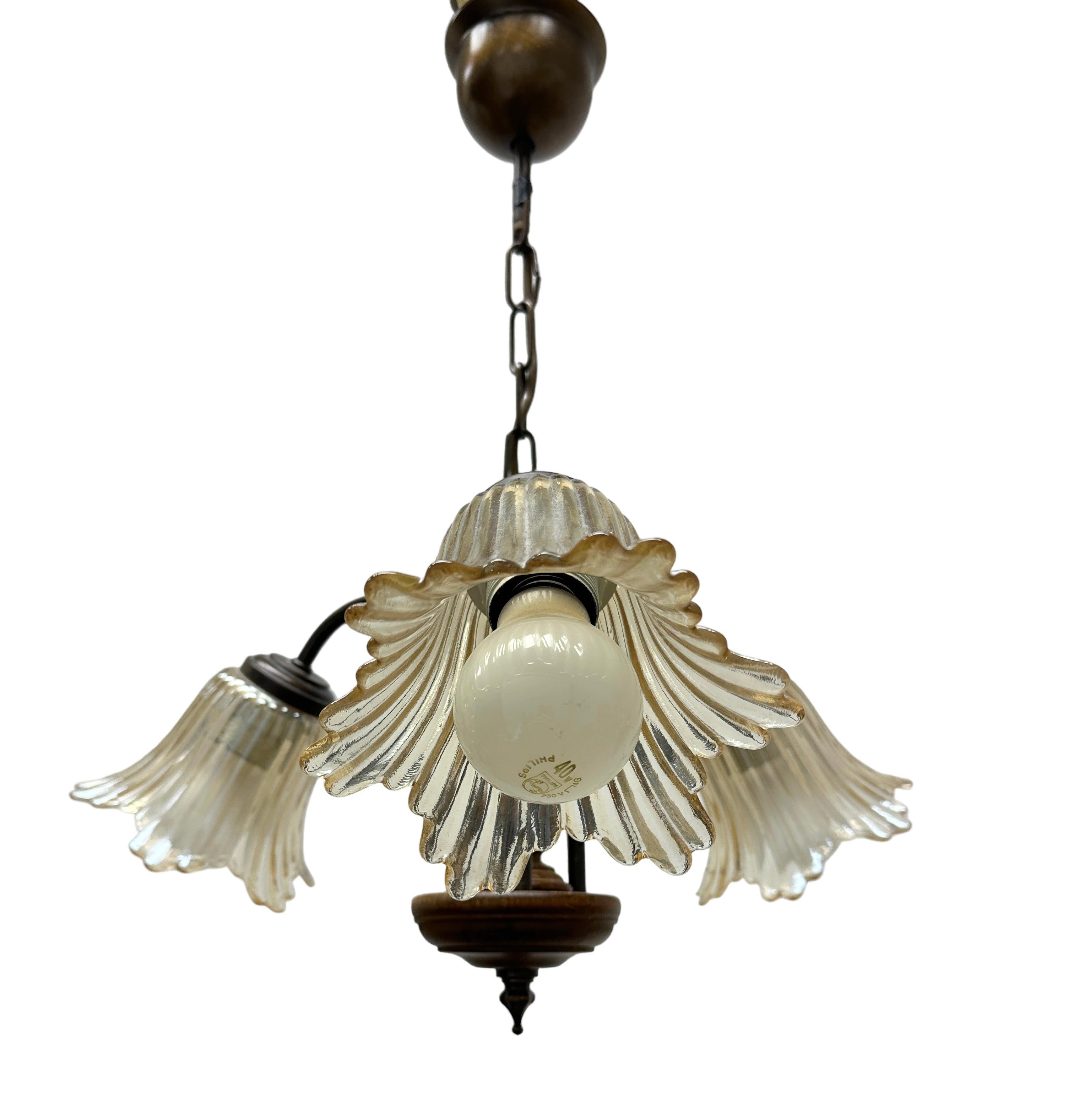 Gorgeous German Tole Wood Metal Glas Shade Three Light Chandelier, 1970s In Good Condition For Sale In Nuernberg, DE