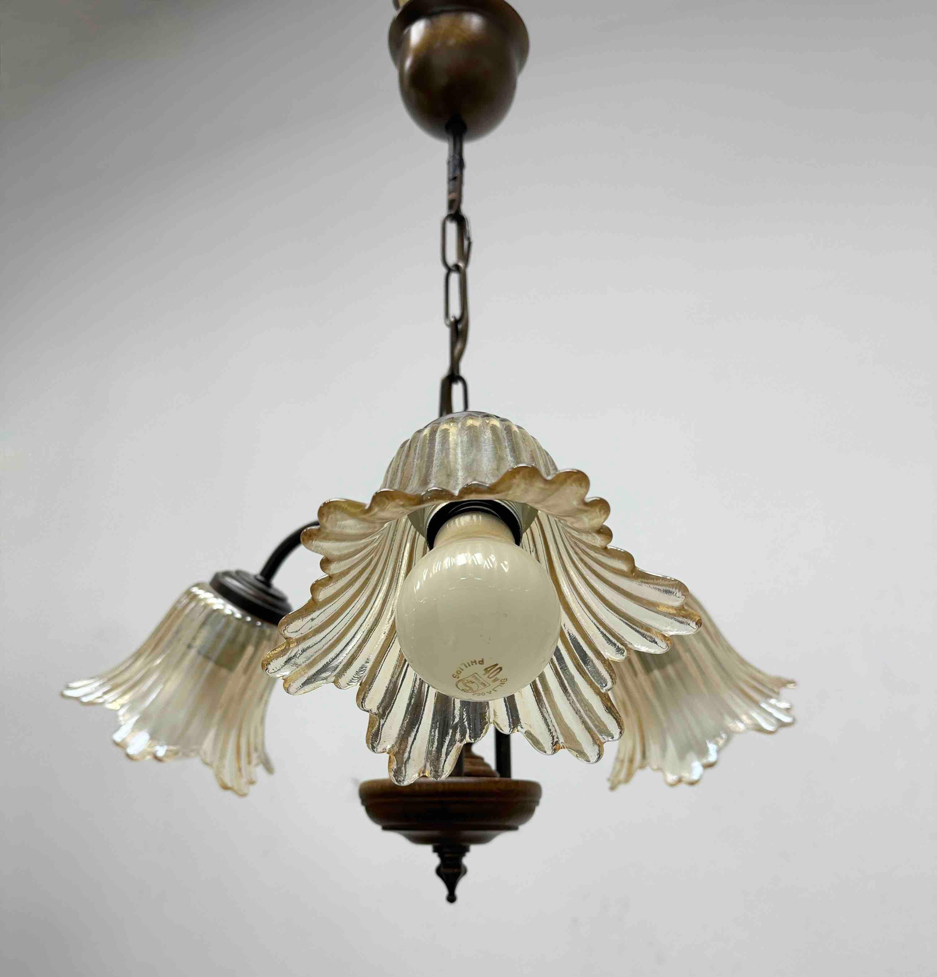 Late 20th Century Gorgeous German Tole Wood Metal Glas Shade Three Light Chandelier, 1970s For Sale