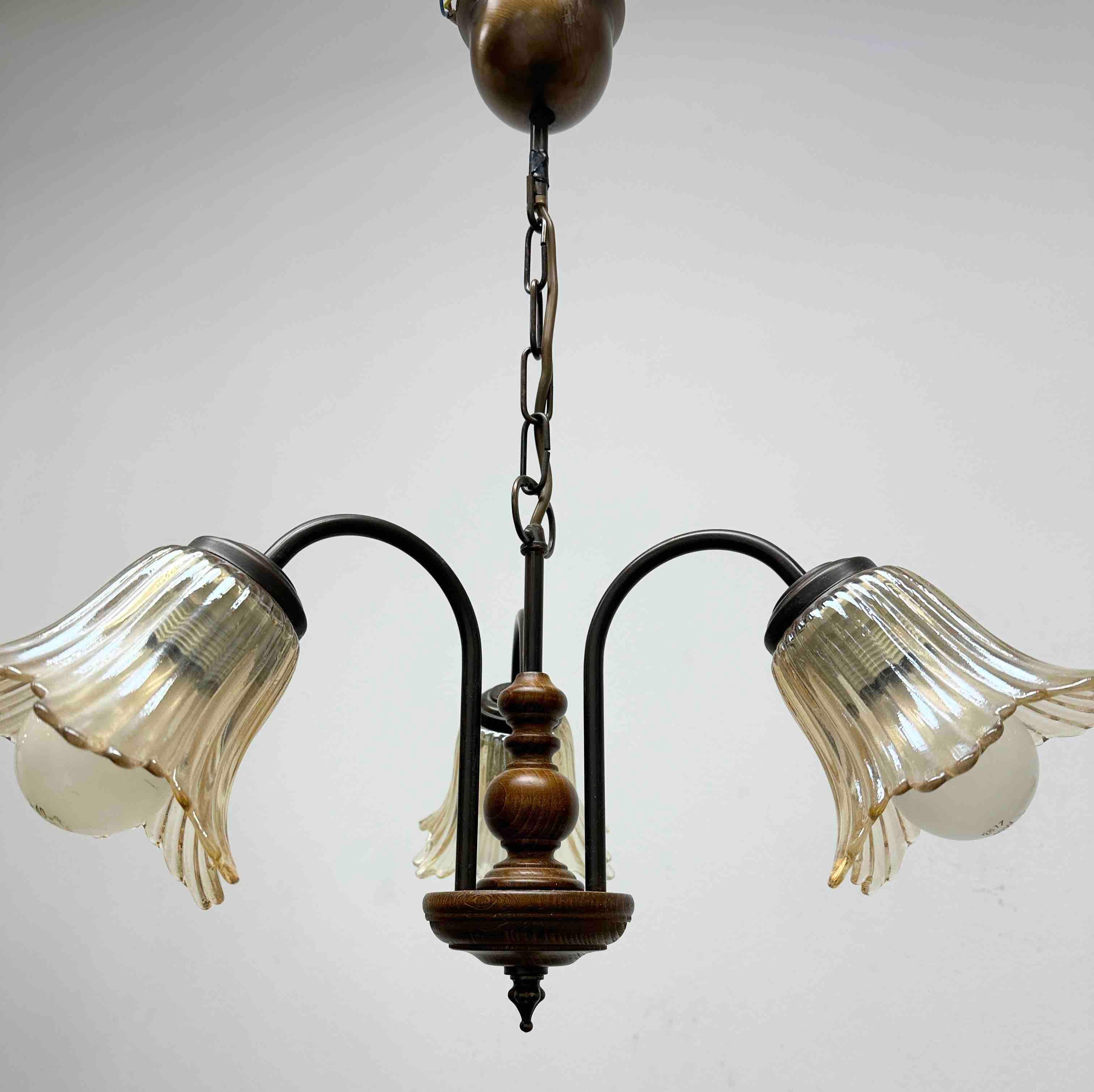 Gorgeous German Tole Wood Metal Glas Shade Three Light Chandelier, 1970s For Sale 1