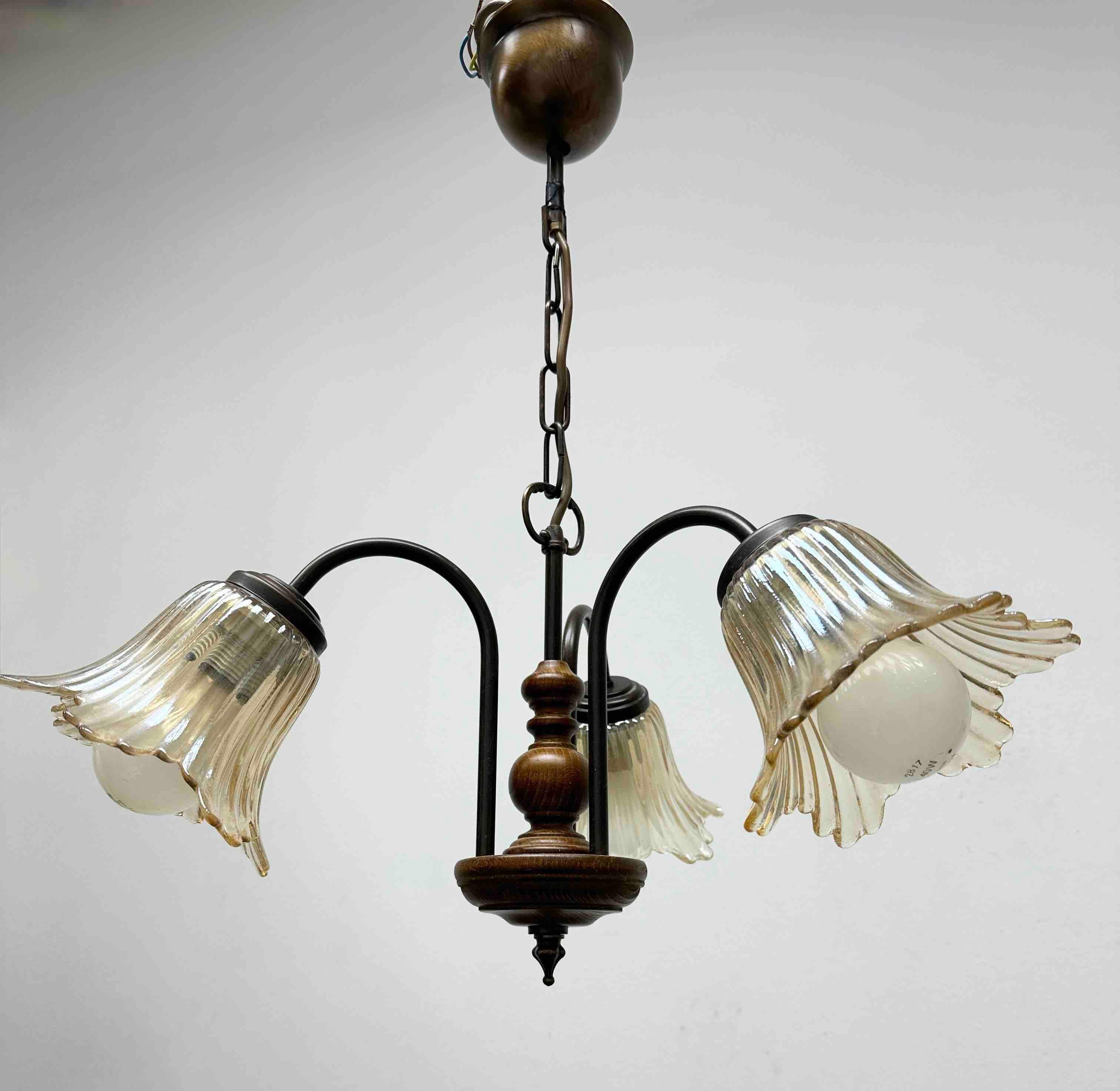 Gorgeous German Tole Wood Metal Glas Shade Three Light Chandelier, 1970s For Sale 2