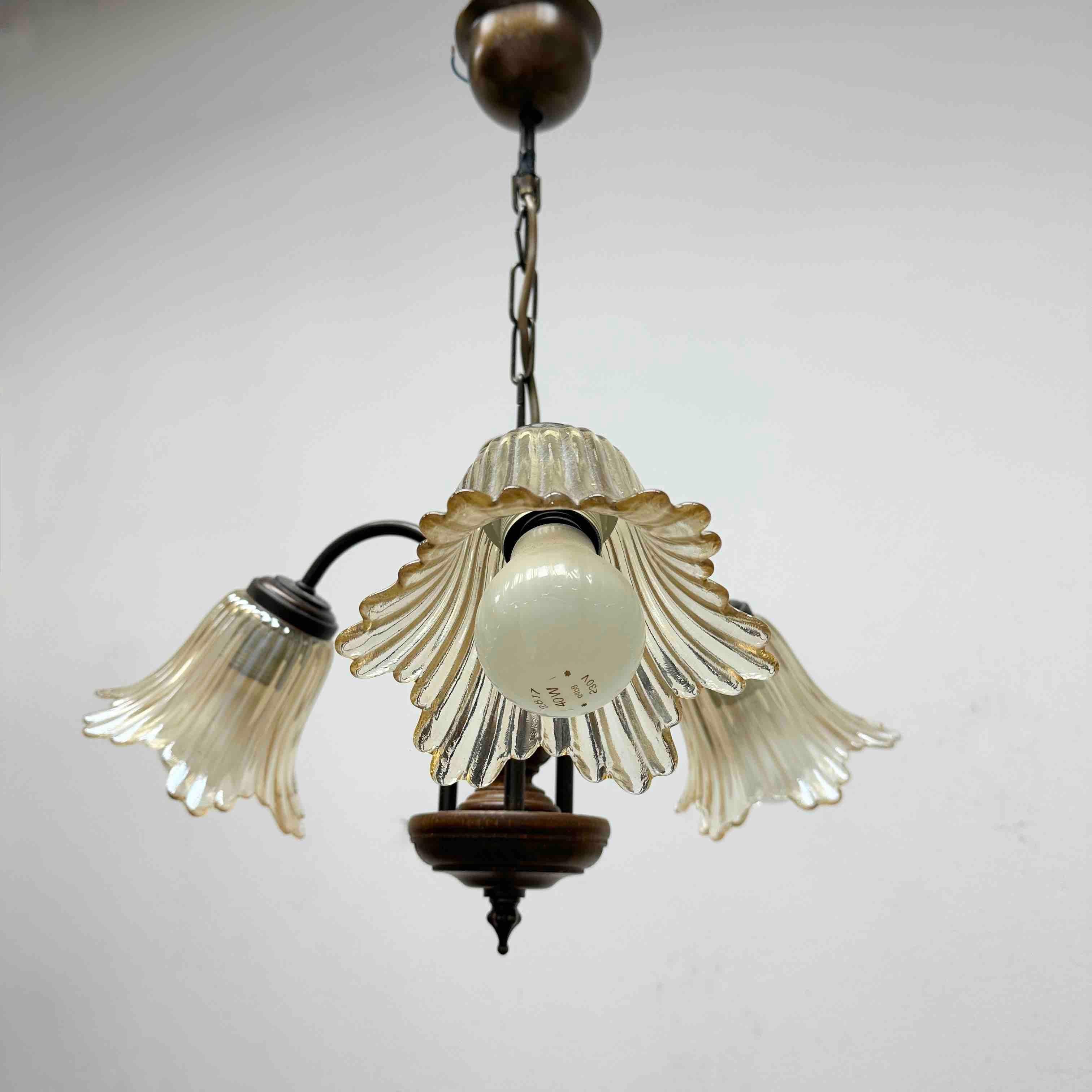 Gorgeous German Tole Wood Metal Glas Shade Three Light Chandelier, 1970s For Sale 3