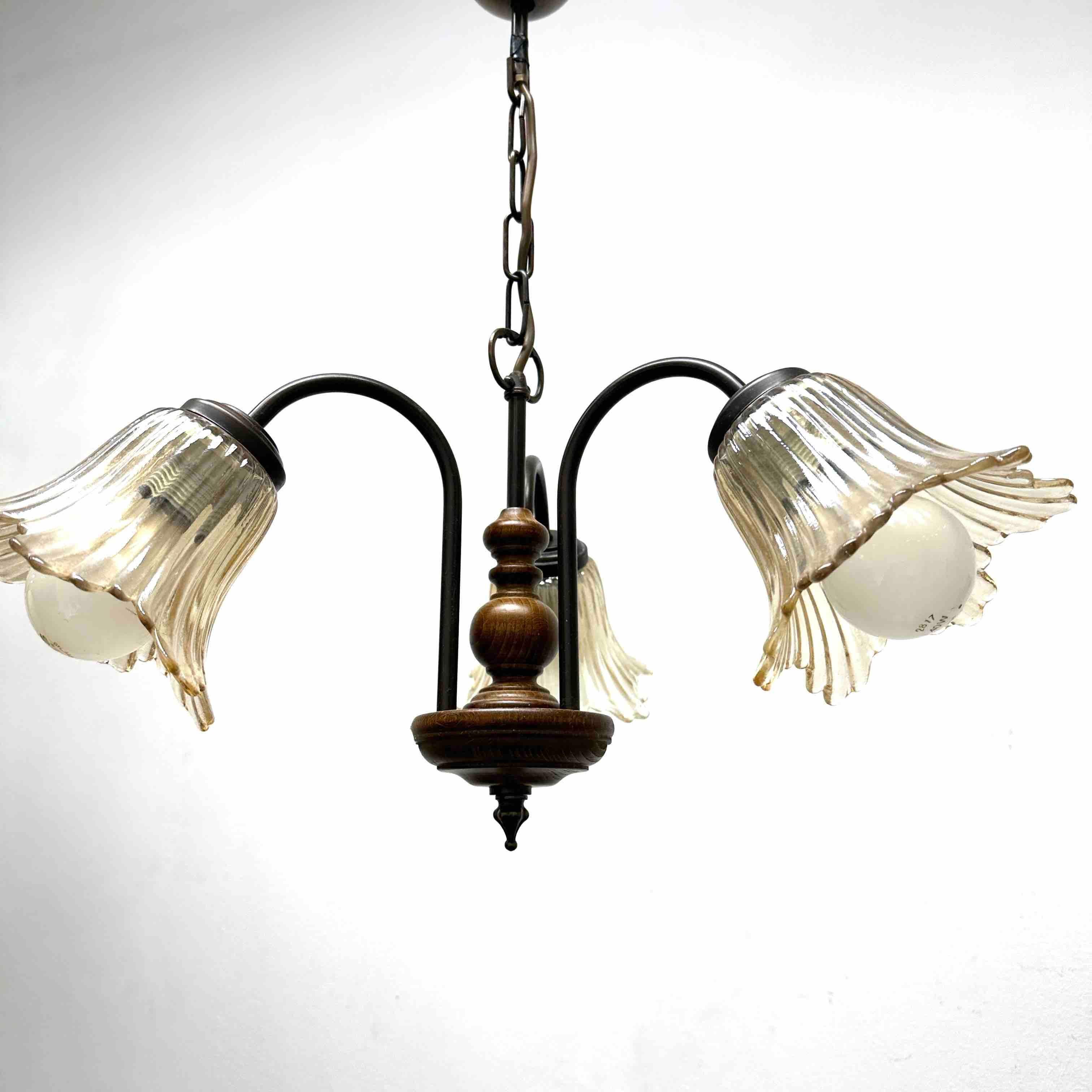 Gorgeous German Tole Wood Metal Glas Shade Three Light Chandelier, 1970s For Sale 4