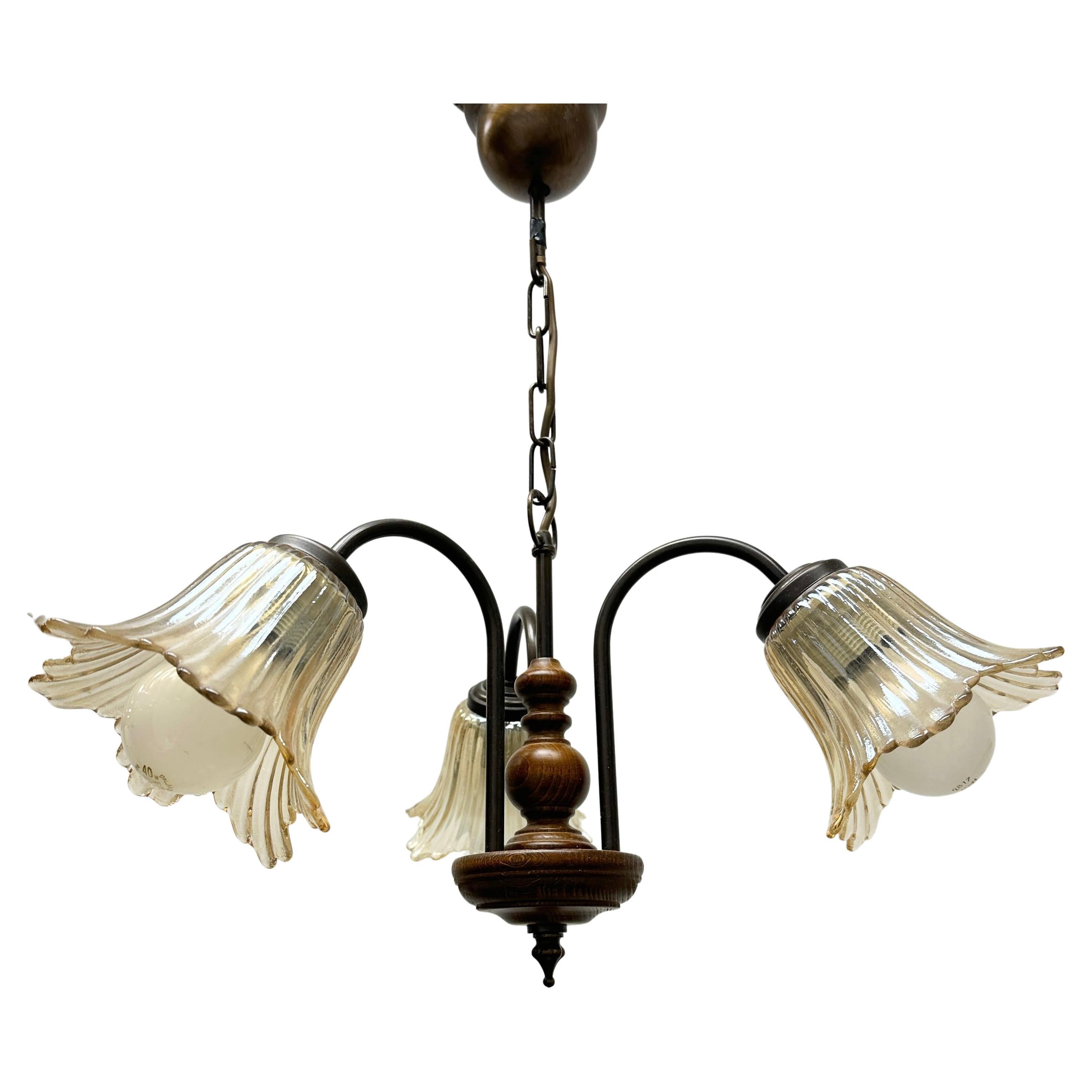 Gorgeous German Tole Wood Metal Glas Shade Three Light Chandelier, 1970s For Sale
