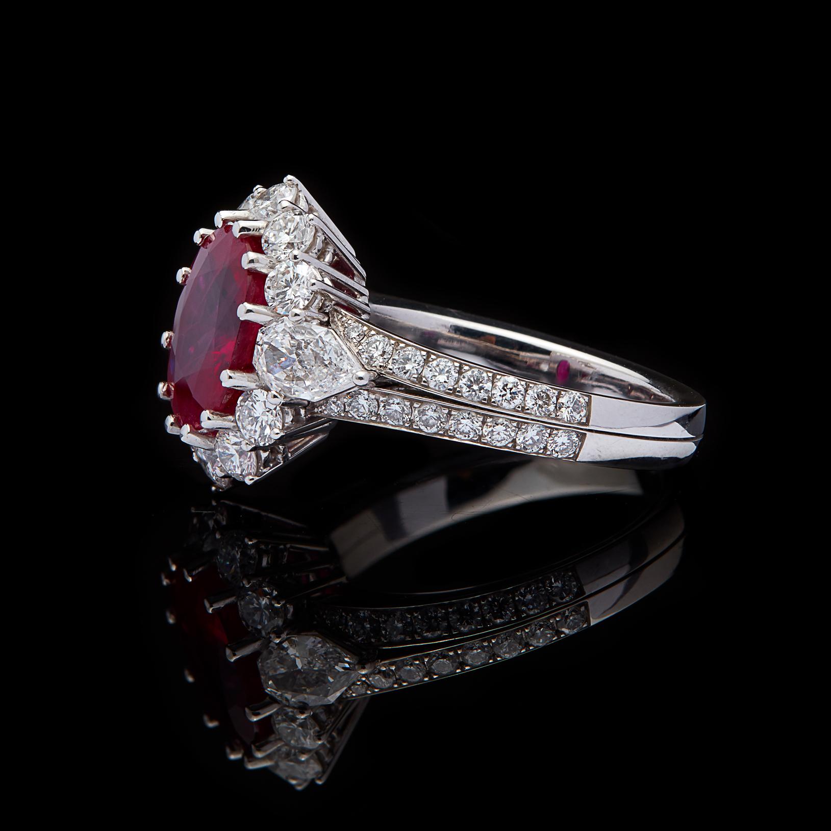 Oval Cut Gorgeous GIA 3.06 Carat Burma Ruby and Diamond Ring For Sale