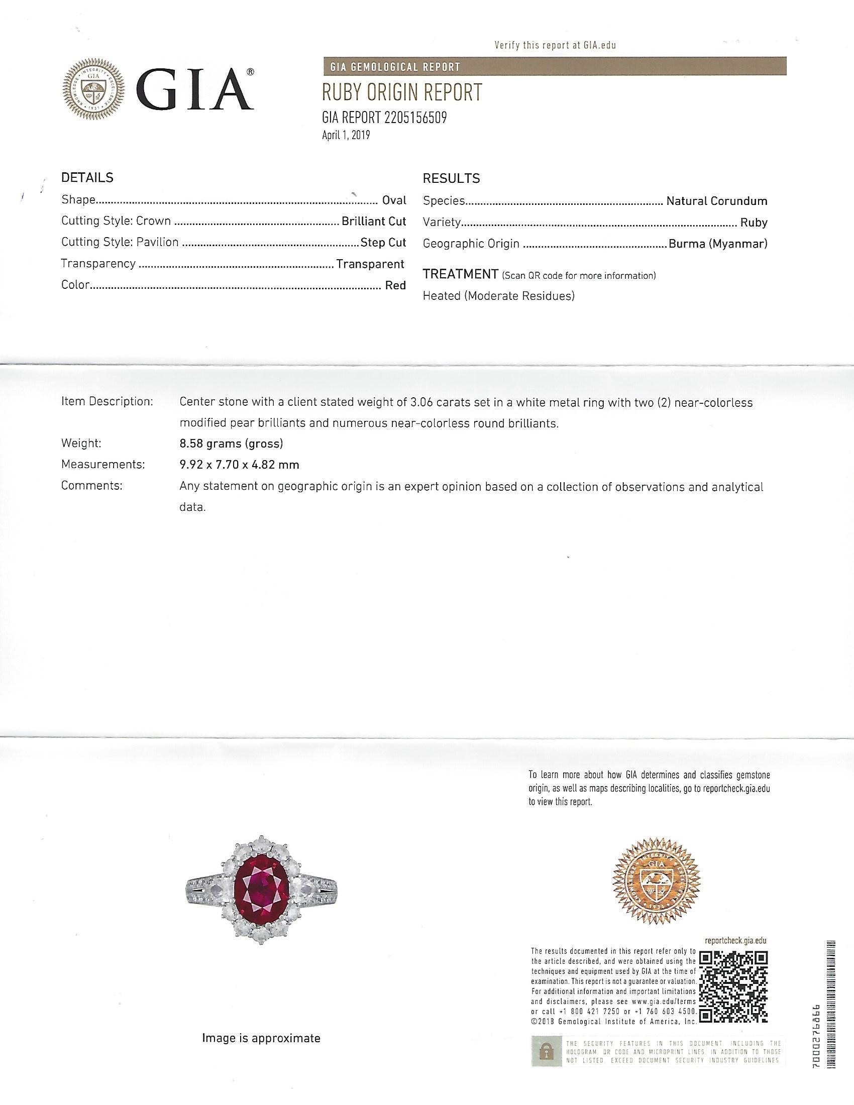 Gorgeous GIA 3.06 Carat Burma Ruby and Diamond Ring For Sale 1