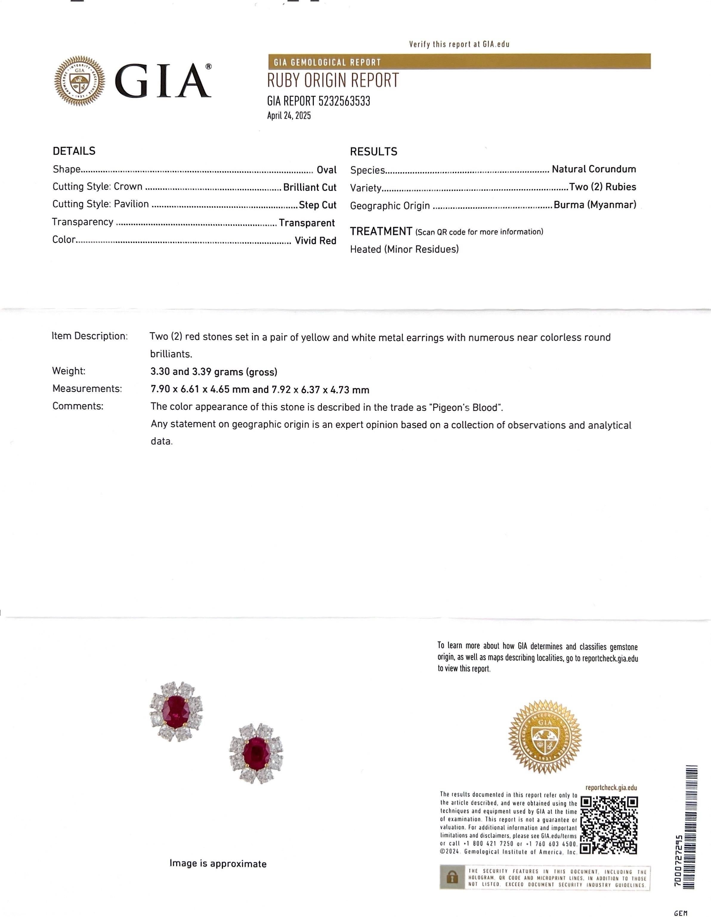 Magnifiques boucles d'oreilles GIA en sang de pigeon de Birmanie avec rubis et diamants en vente 3