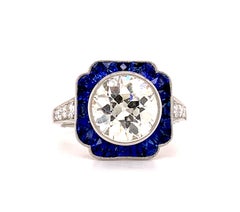 Sophia D GIA Certified 2.53 Carat Center Diamond and Blue Sapphire Art Deco Ring