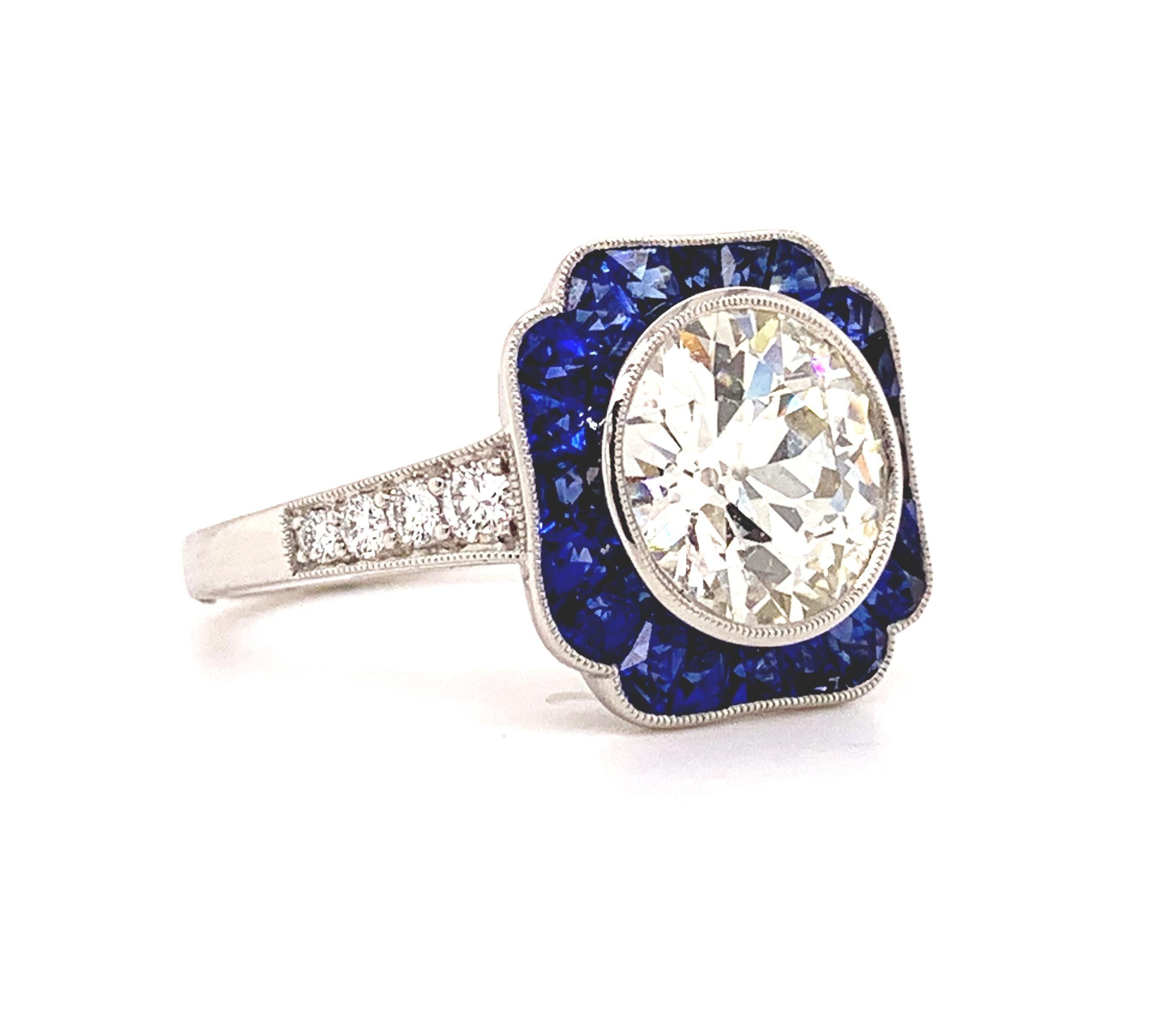 Old European Cut Sophia D GIA Certified 2.53 Carat Center Diamond and Blue Sapphire Art Deco Ring For Sale
