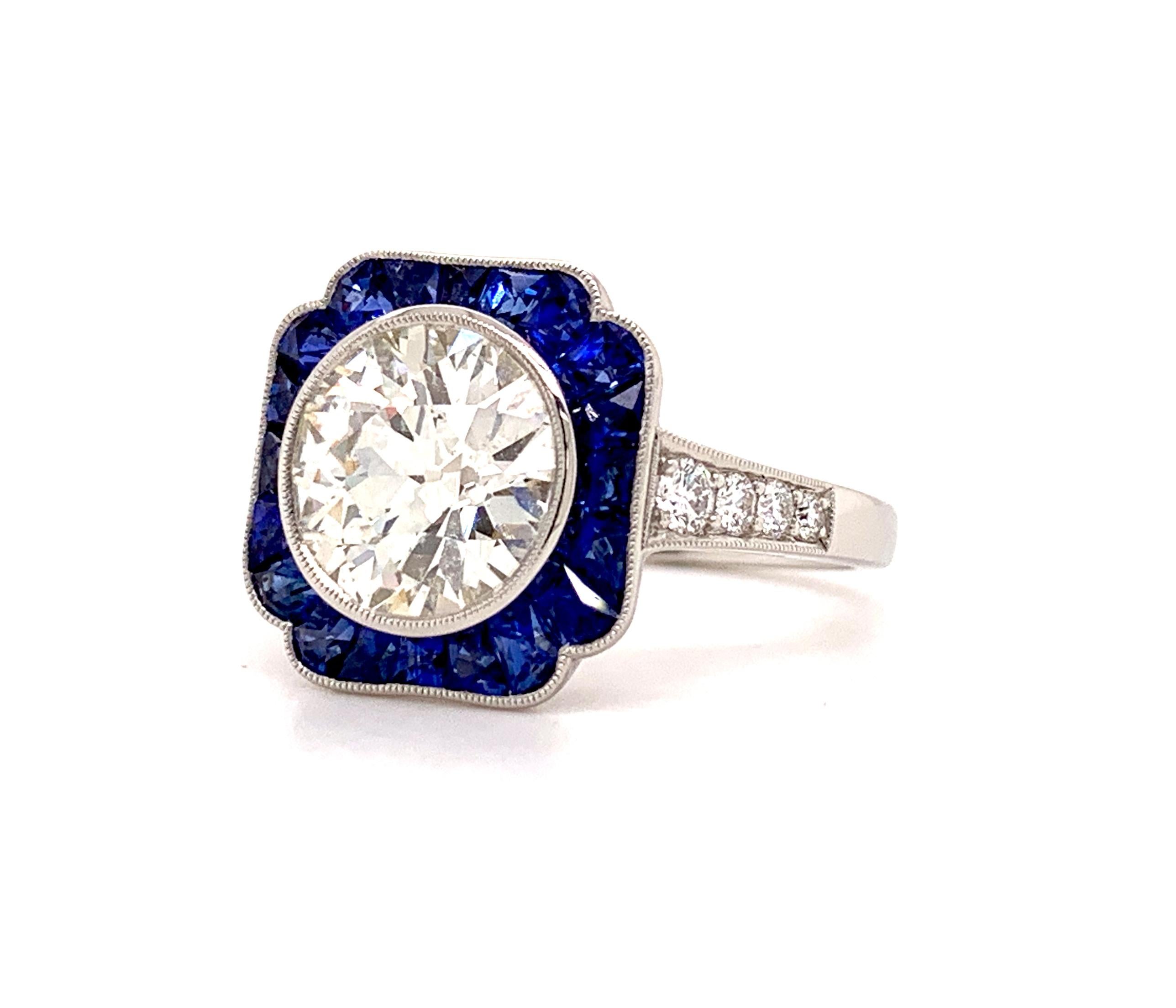Sophia D GIA Certified 2.53 Carat Center Diamond and Blue Sapphire Art Deco Ring In New Condition For Sale In New York, NY
