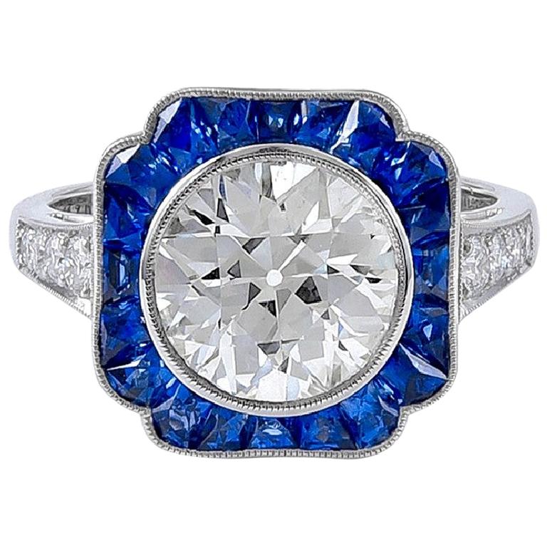 Sophia D GIA Certified 2.53 Carat Center Diamond and Blue Sapphire Art Deco Ring