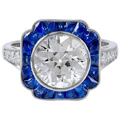 Sophia D GIA Certified 2.53 Carat Center Diamond and Blue Sapphire Art Deco Ring