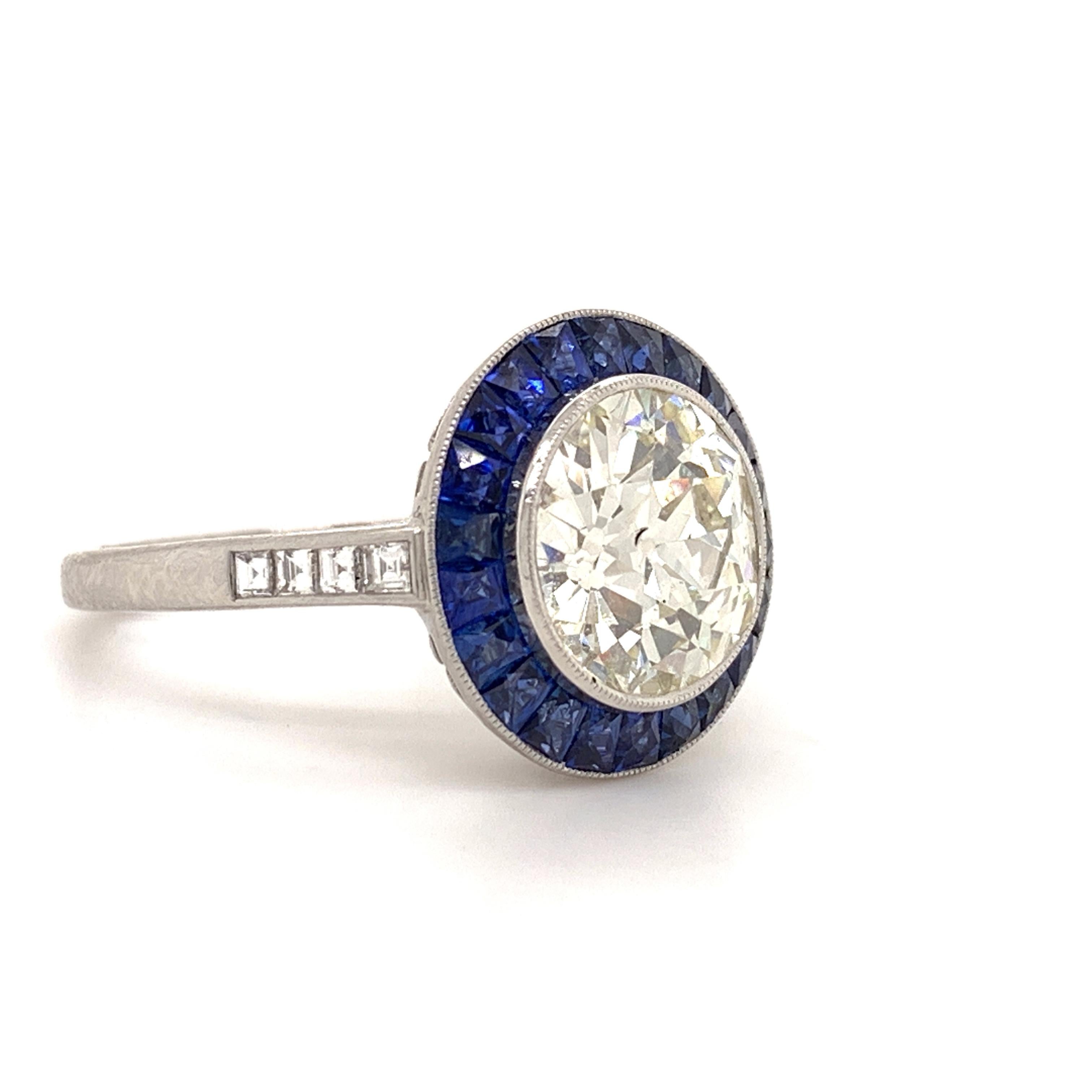 Old European Cut Sophia D GIA Certified 3.04 Carat Diamond Center and Blue Sapphire Platinum Ring For Sale