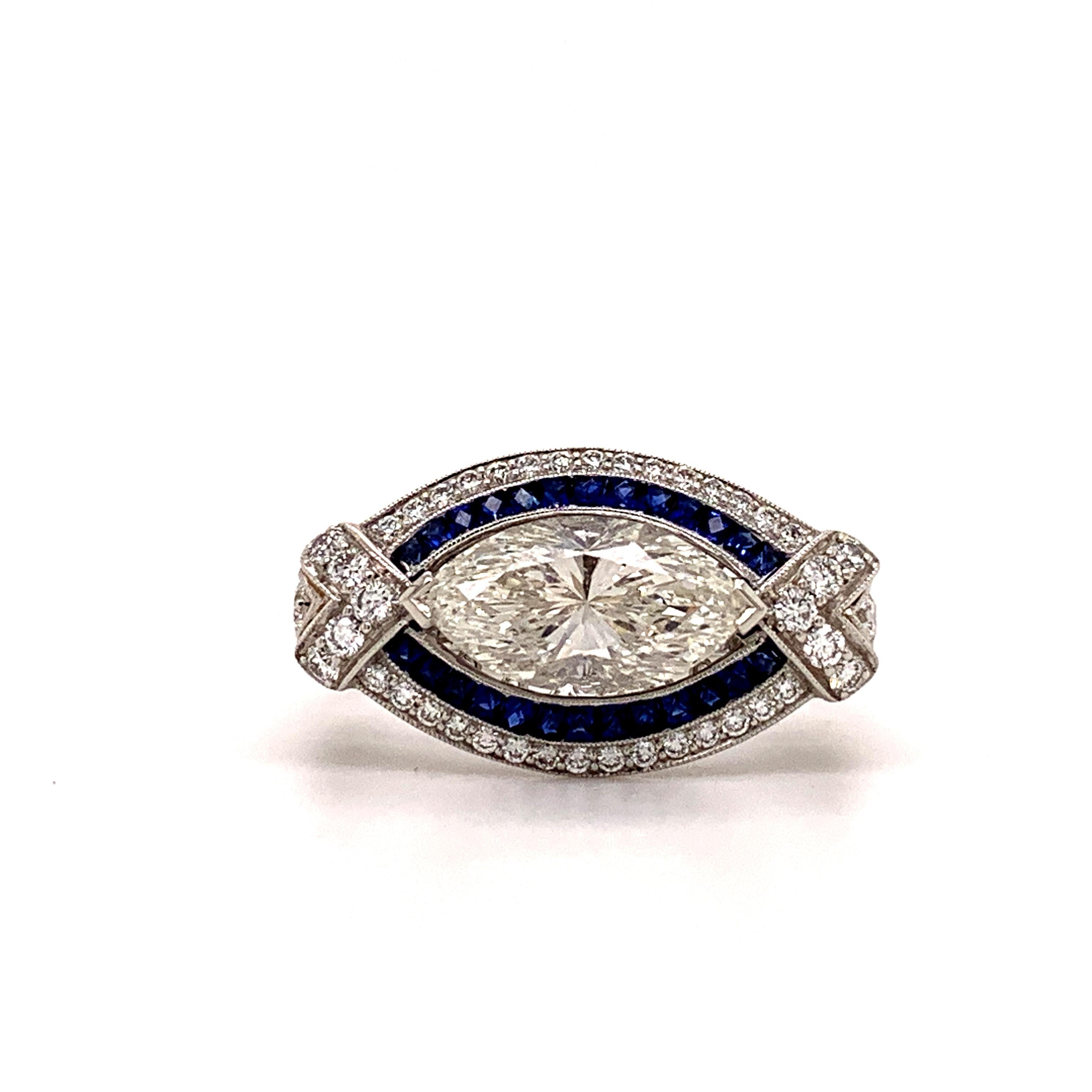 Art Deco Sophia D. GIA Certified Marquise Center Diamond and Sapphire Ring in Platinum For Sale