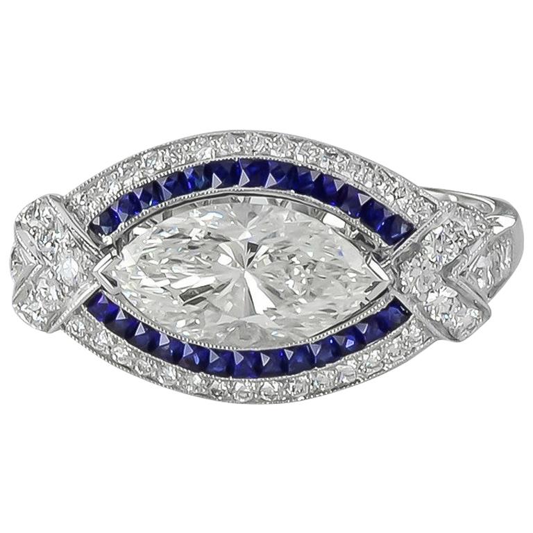 Sophia D. GIA Certified Marquise Center Diamond and Sapphire Ring in Platinum For Sale