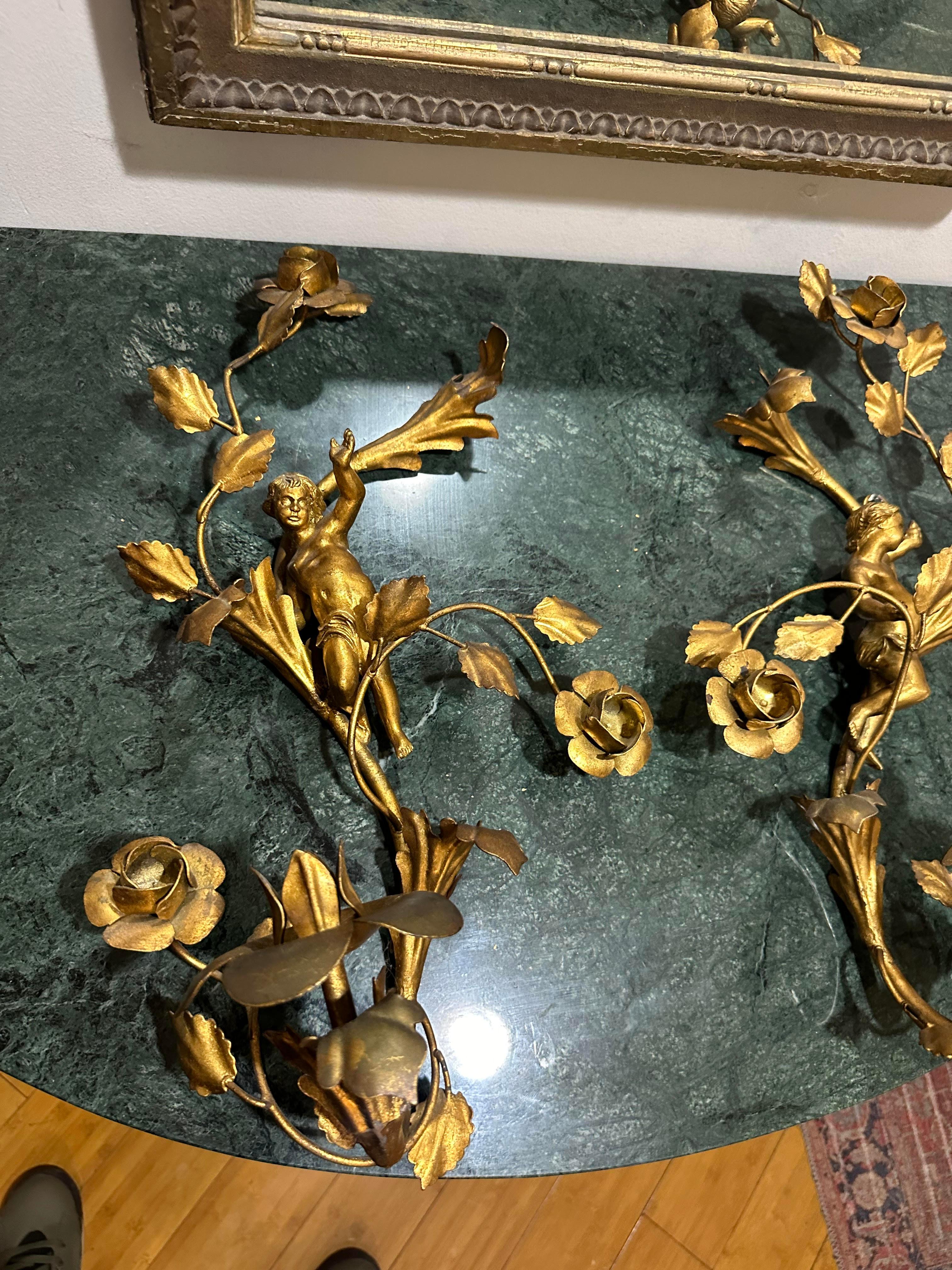 Gorgeous Gilded Italian Cherub Putti Single Candle Neoclassical Revival Sconces 5