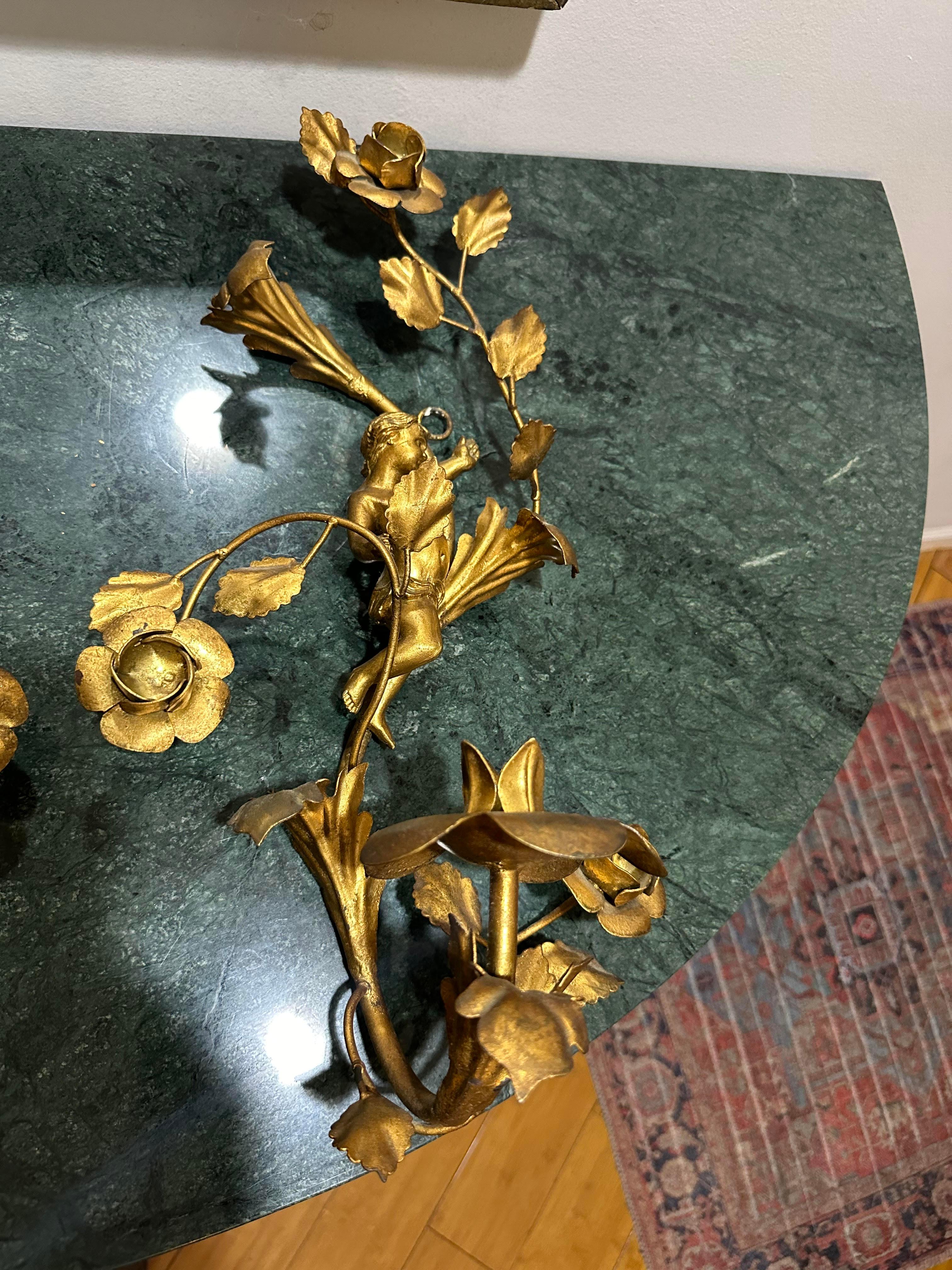Gorgeous Gilded Italian Cherub Putti Single Candle Neoclassical Revival Sconces In Good Condition In Swedesboro, NJ